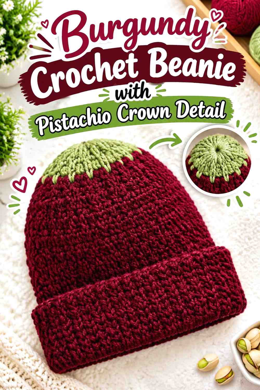 5. Burgundy Crochet Beanie With Pistachio Crown Detail