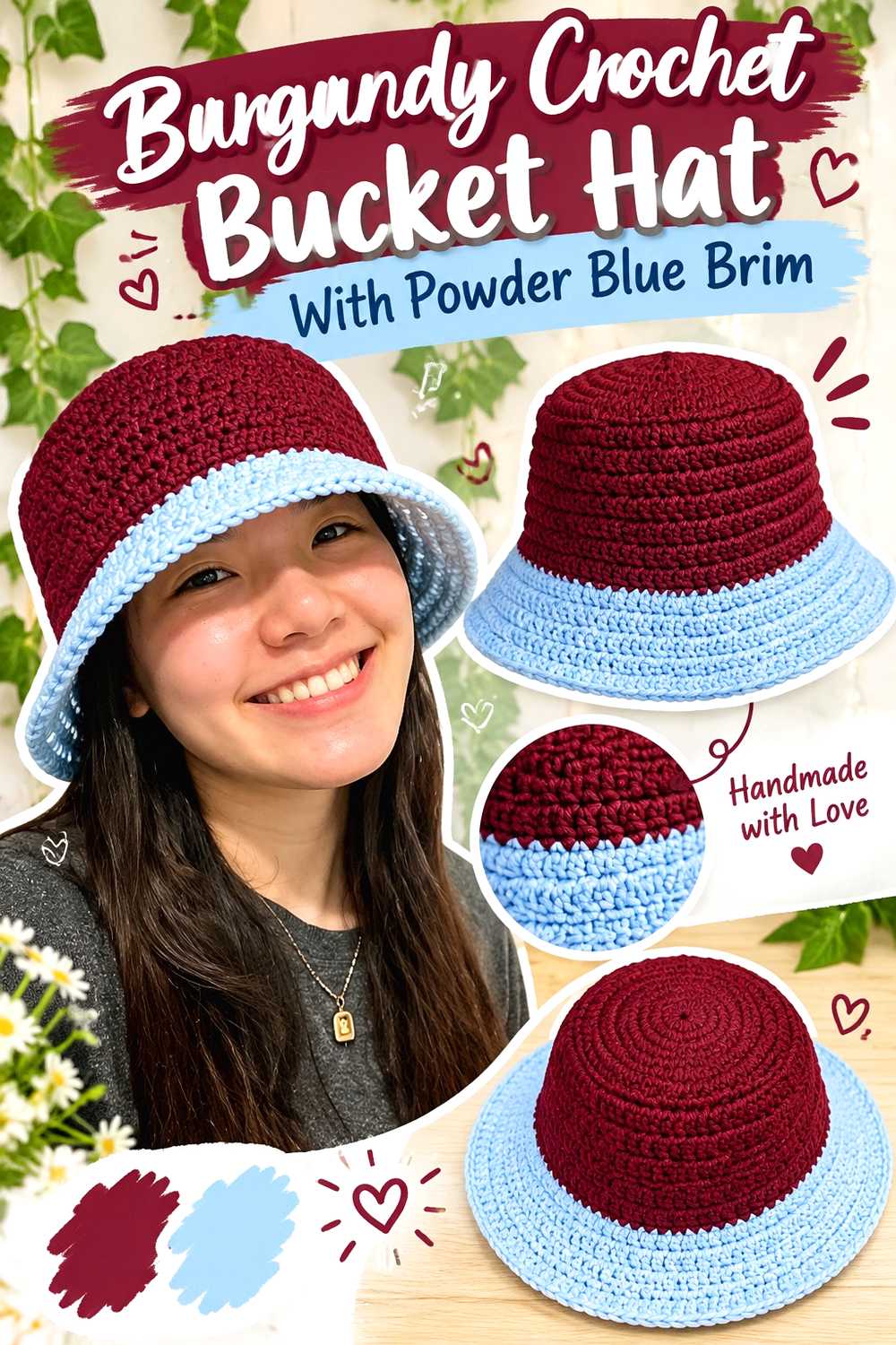8. Burgundy Crochet Bucket Hat With Powder Blue Brim