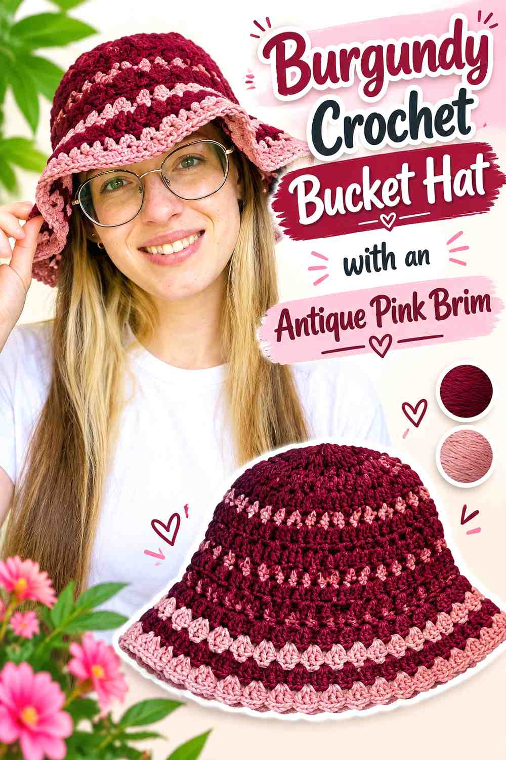 9. Burgundy Crochet Bucket Hat With An Antique Pink Brim