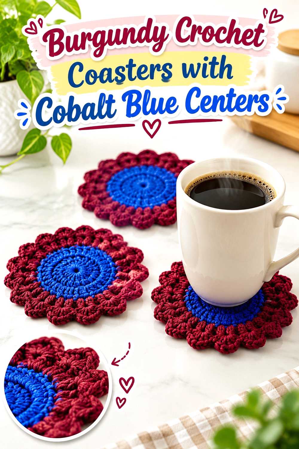 6. Burgundy Crochet Coasters With Cobalt Blue Centers