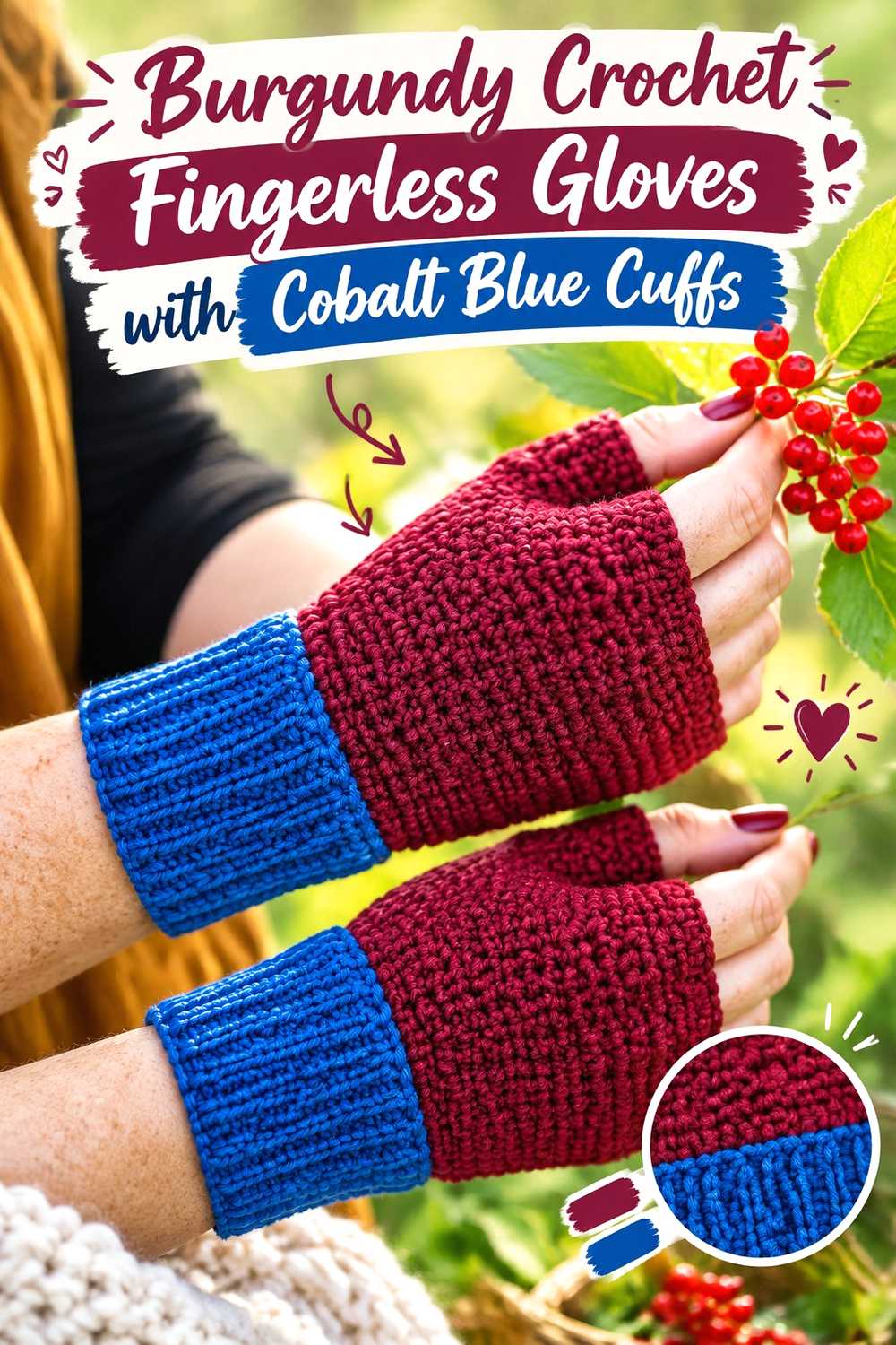 12. Burgundy Crochet Fingerless Gloves With Cobalt Blue Cuffs