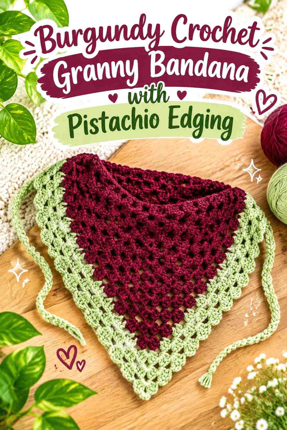11. Burgundy Crochet Granny Bandana With Pistachio Edging