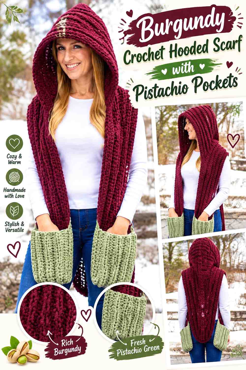 3. Burgundy Crochet Hooded Scarf With Pistachio Pockets