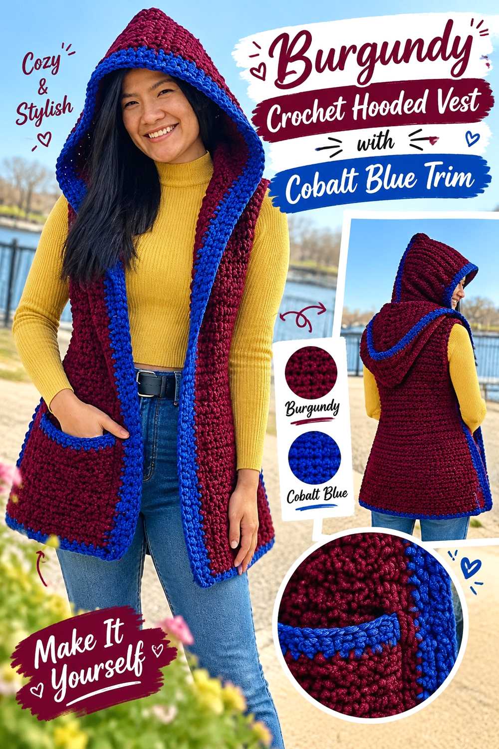 8. Burgundy Crochet Hooded Vest With Cobalt Blue Trim