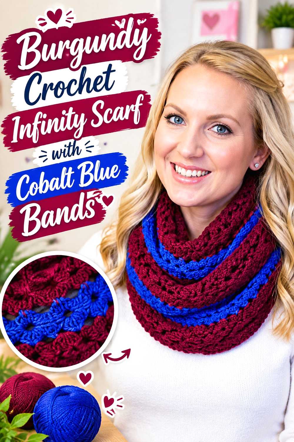 10. Burgundy Crochet Infinity Scarf With Cobalt Blue Bands