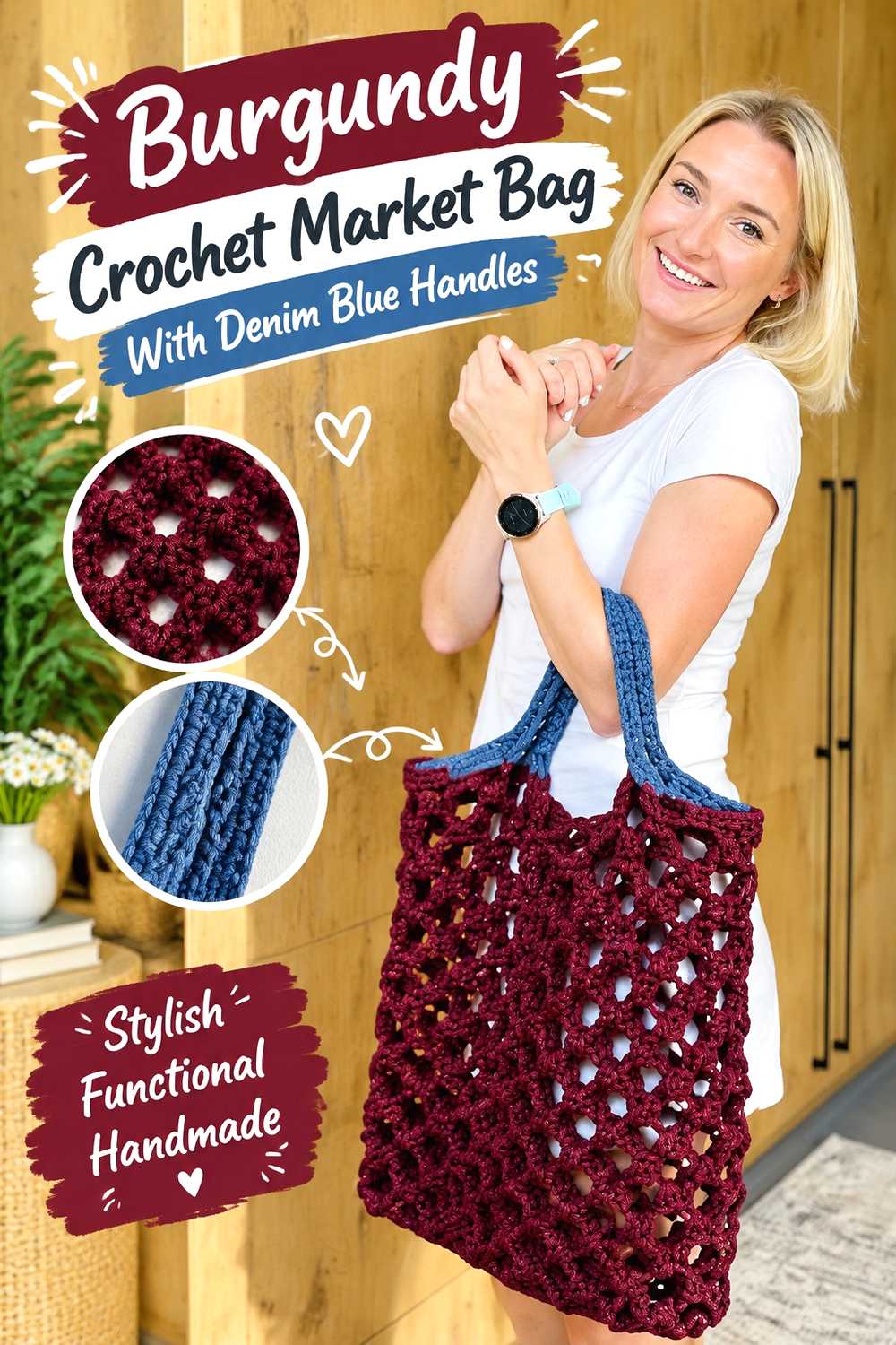 13. Burgundy Crochet Market Bag With Denim Blue Handles
