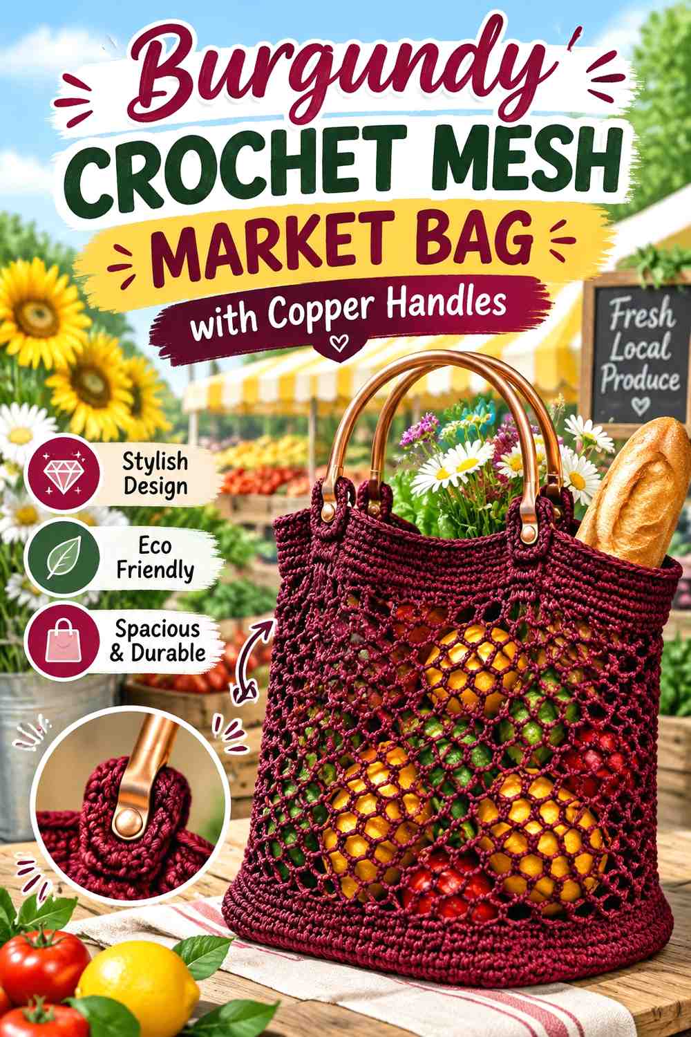 18. Burgundy Crochet Mesh Market Bag With Copper Handles