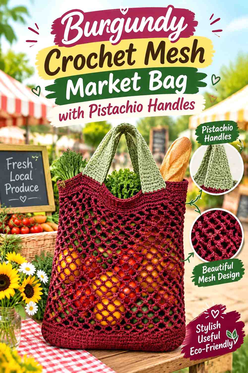16. Burgundy Crochet Mesh Market Bag With Pistachio Handles