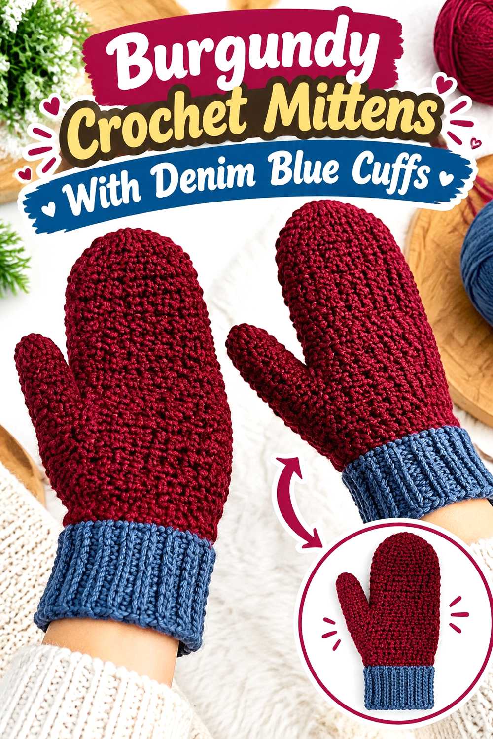 8. Burgundy Crochet Mittens With Denim Blue Cuffs