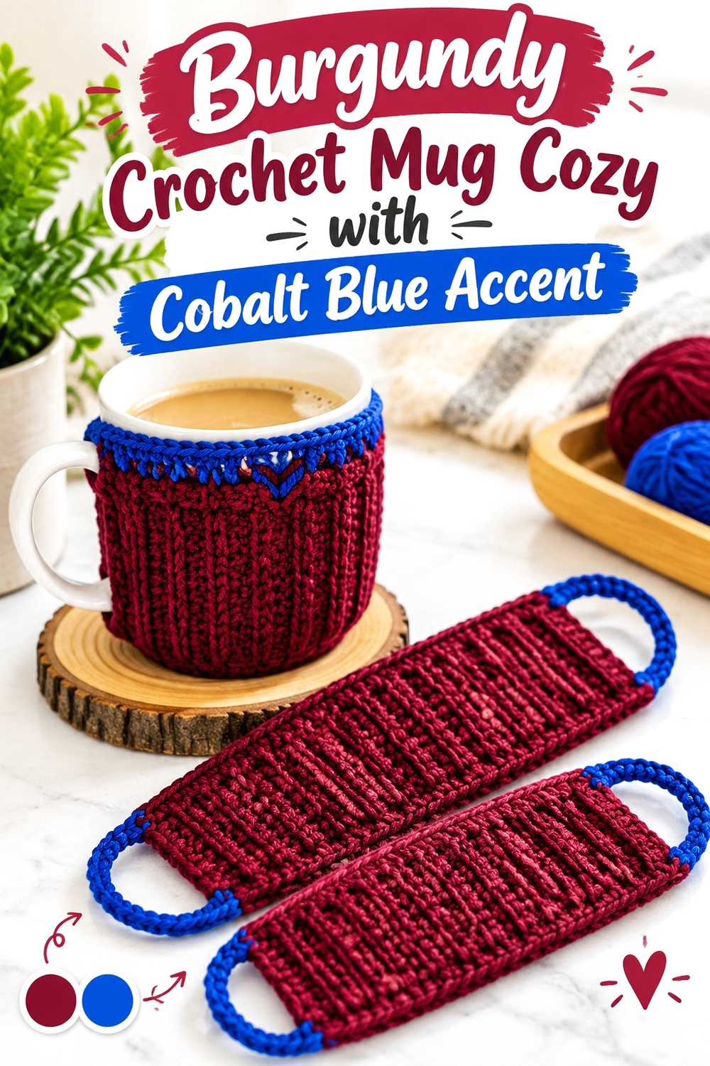 14. Burgundy Crochet Mug Cozy With Cobalt Blue Accent