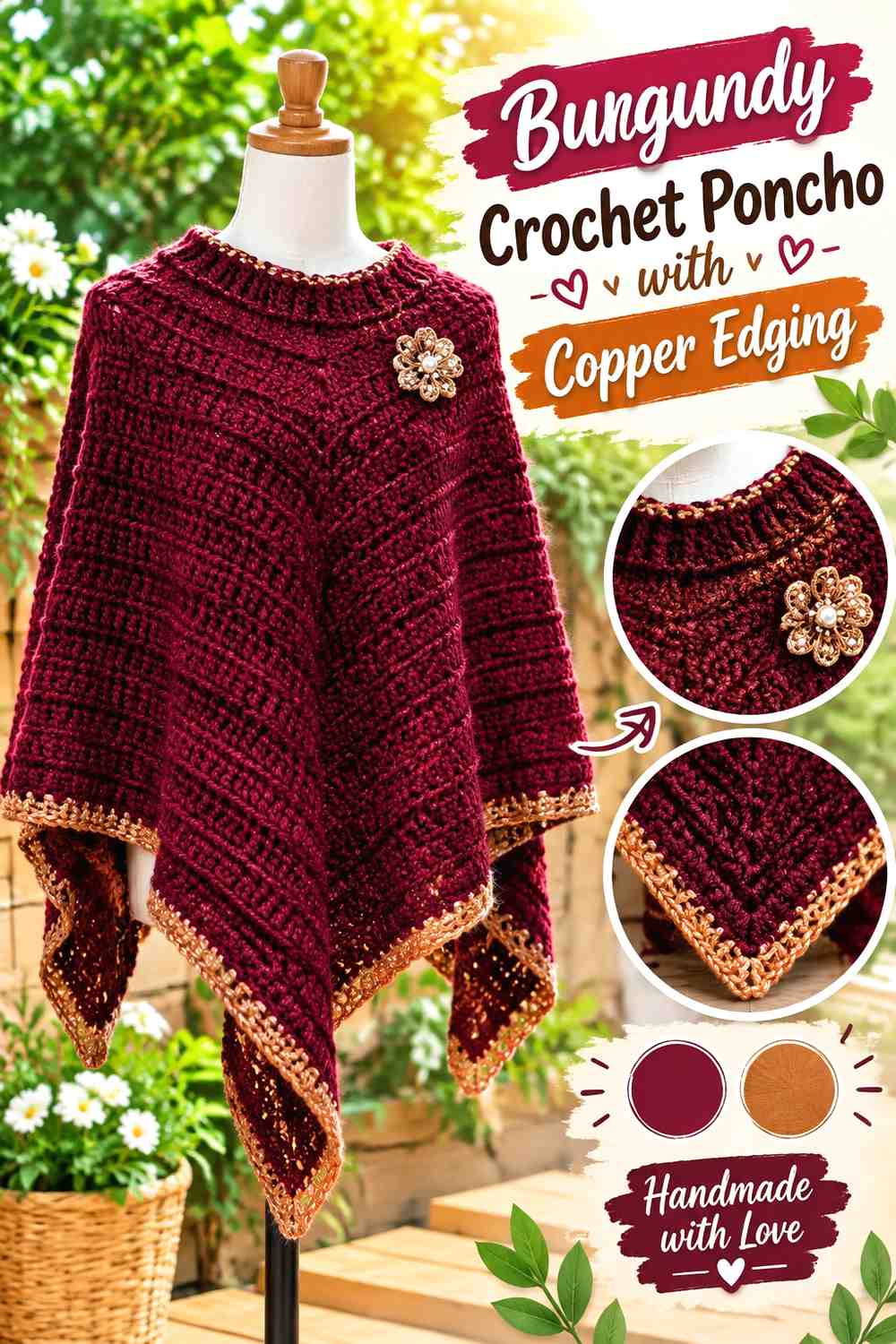 15. Burgundy Crochet Poncho With Copper Edging