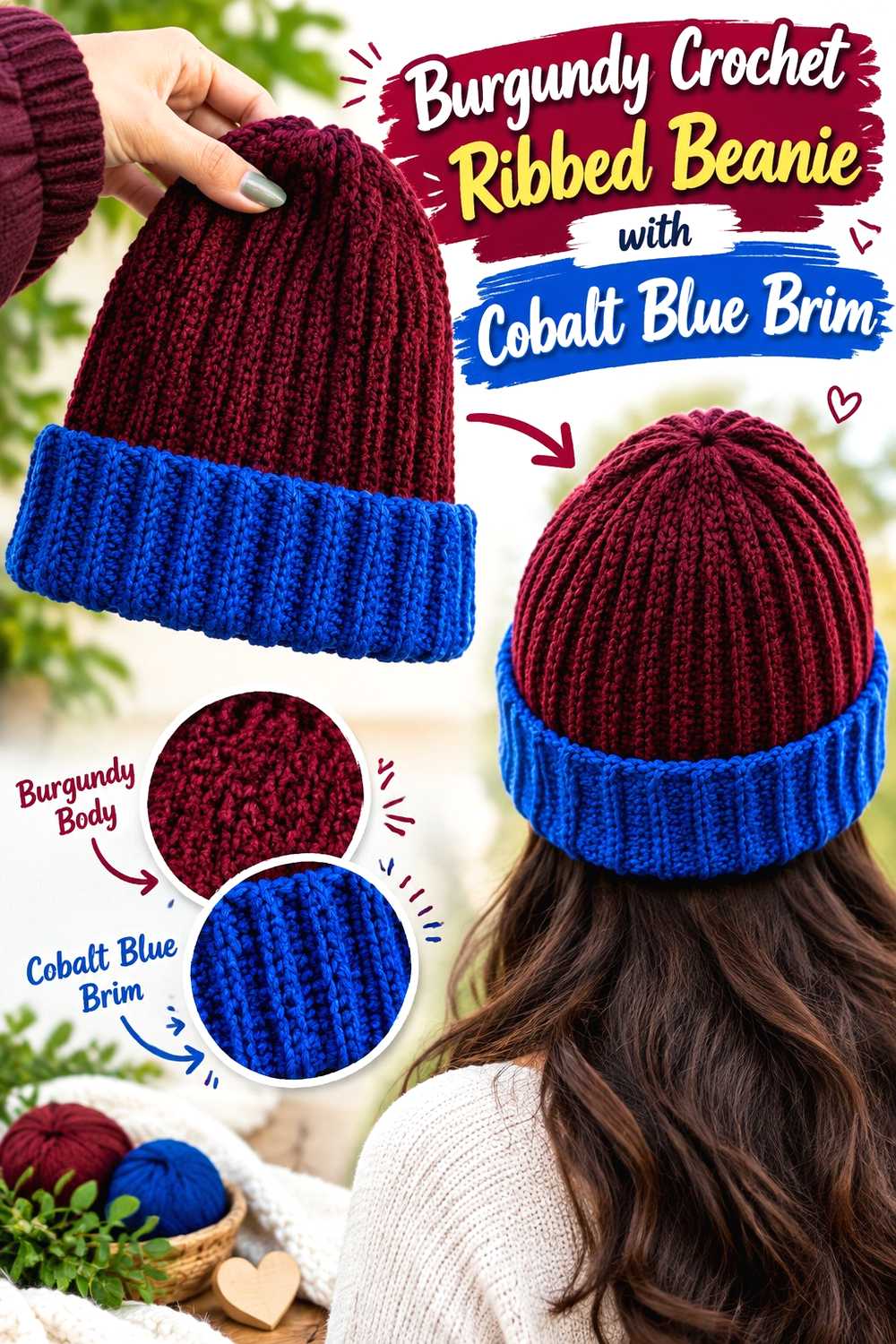 2. Burgundy Crochet Ribbed Beanie With Cobalt Blue Brim