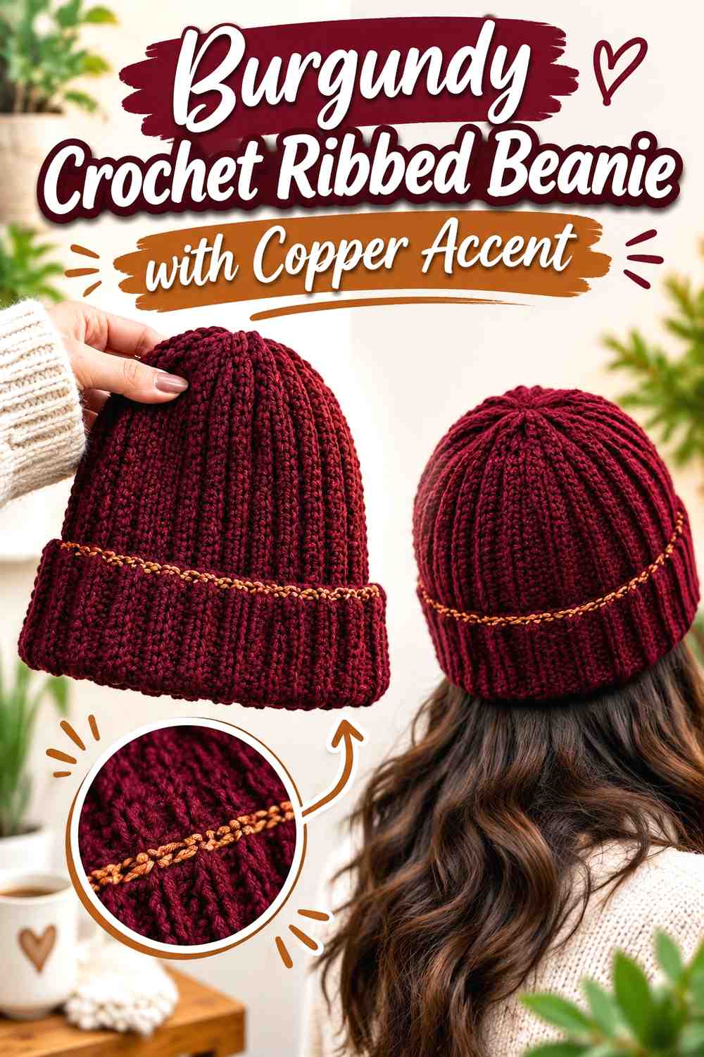 6. Burgundy Crochet Ribbed Beanie With Copper Accent