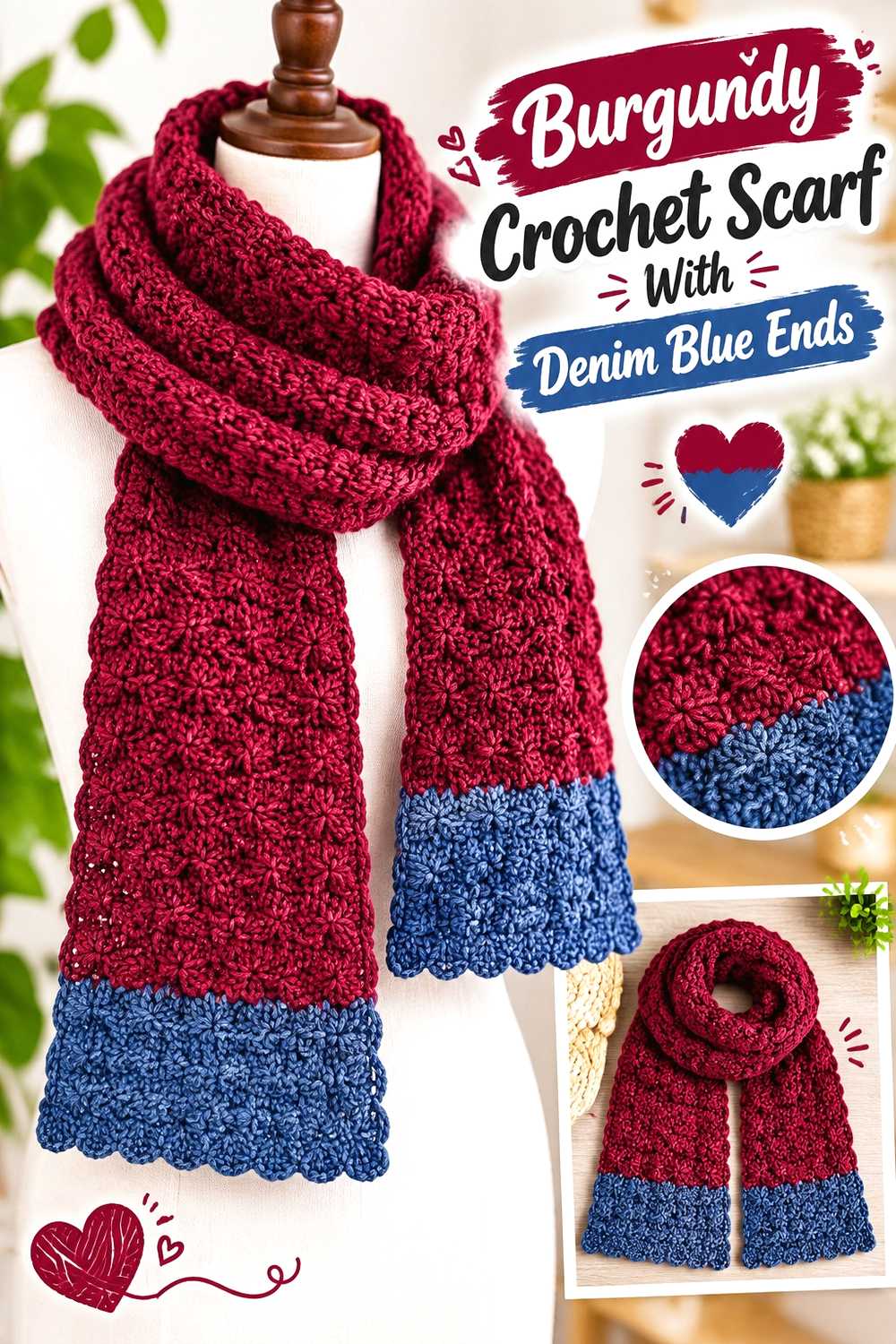 4. Burgundy Crochet Scarf With Denim Blue Ends