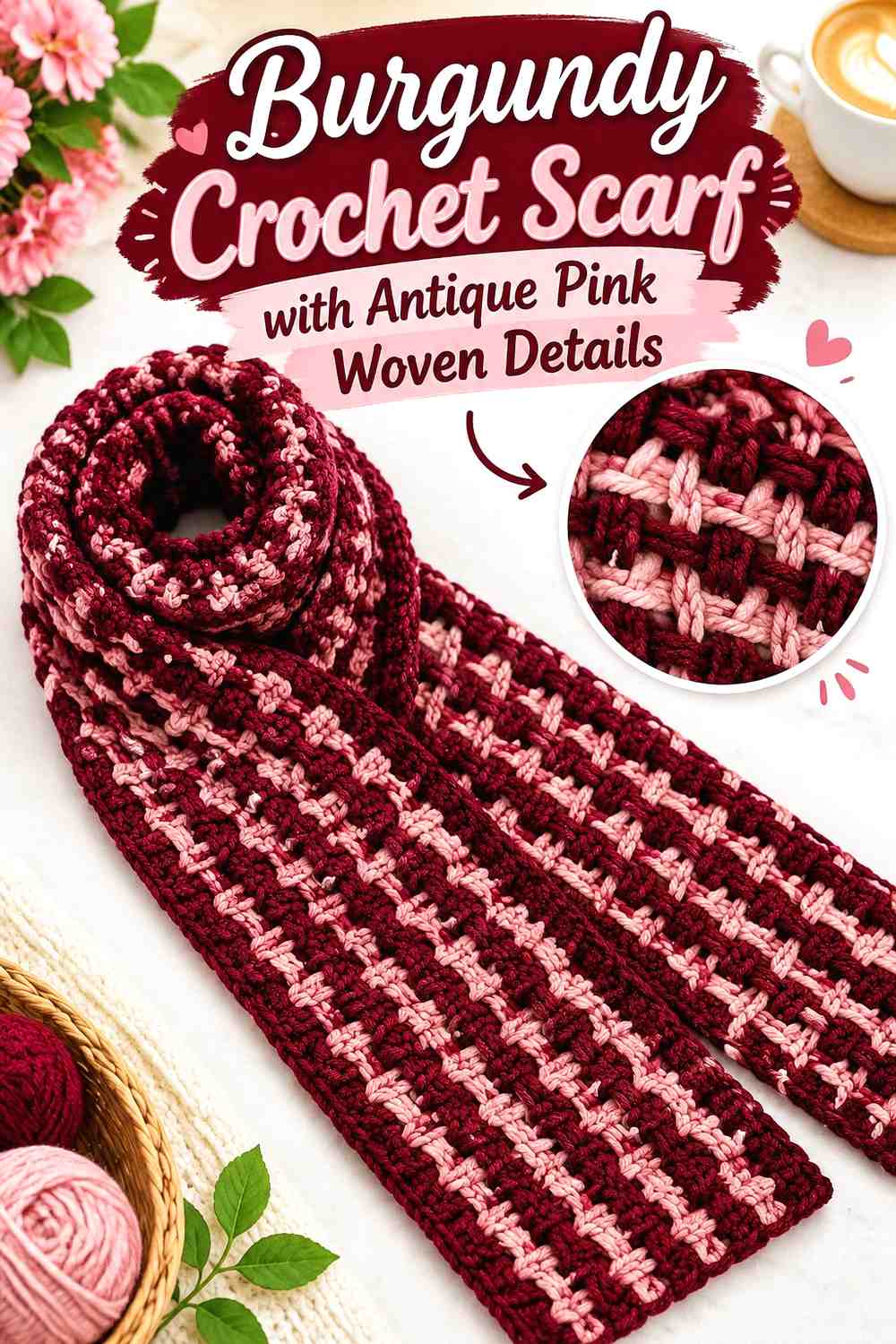 4. Burgundy Crochet Scarf With Antique Pink Woven Details
