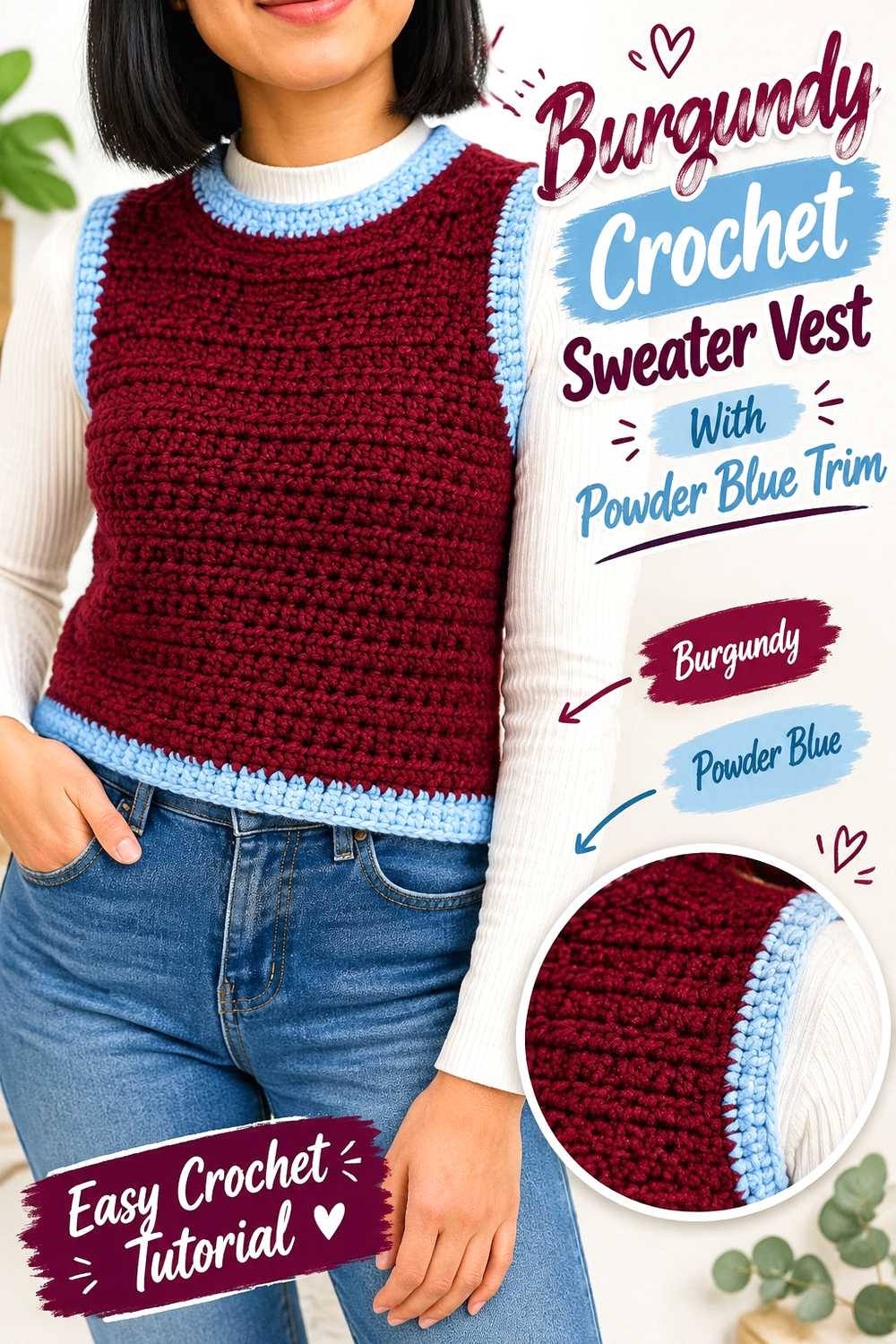 10. Burgundy Crochet Sweater Vest With Powder Blue Trim