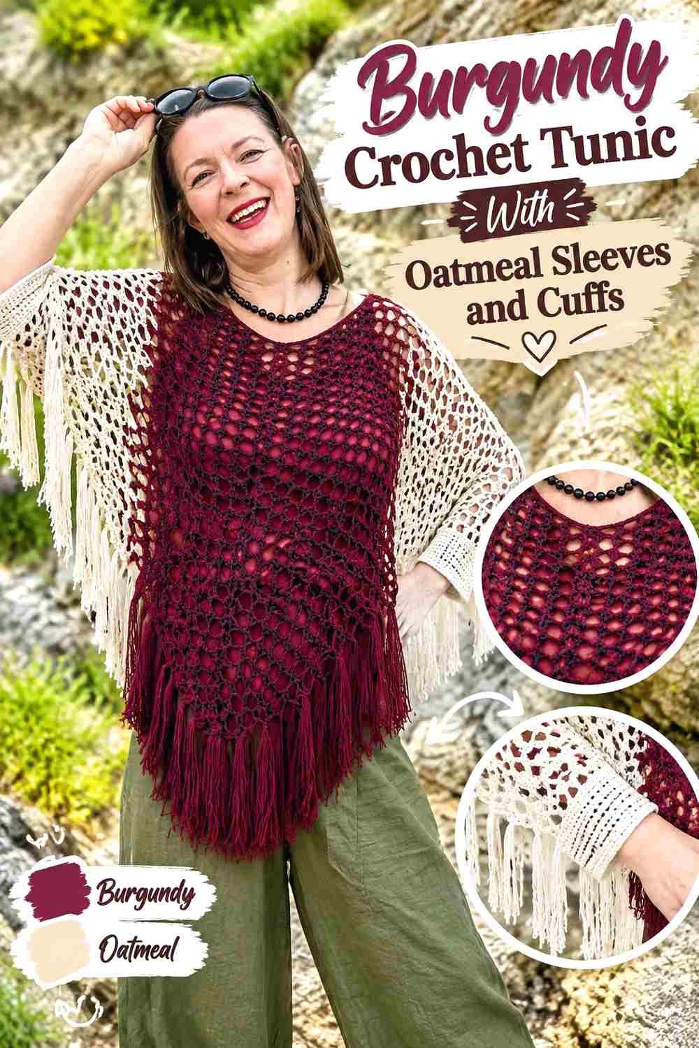 9. Burgundy Crochet Tunic With Oatmeal Sleeves And Cuffs