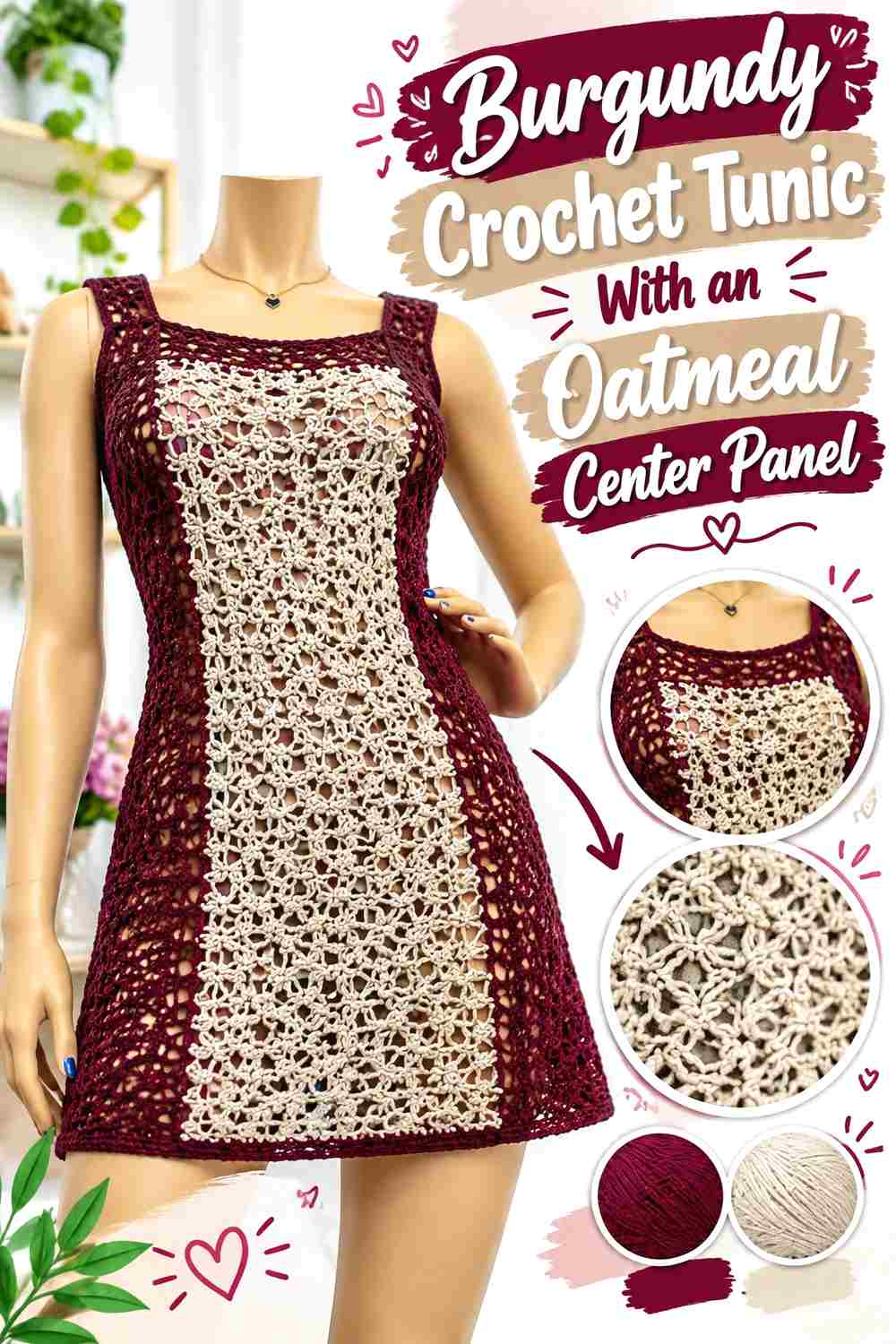 7. Burgundy Crochet Tunic With An Oatmeal Center Panel