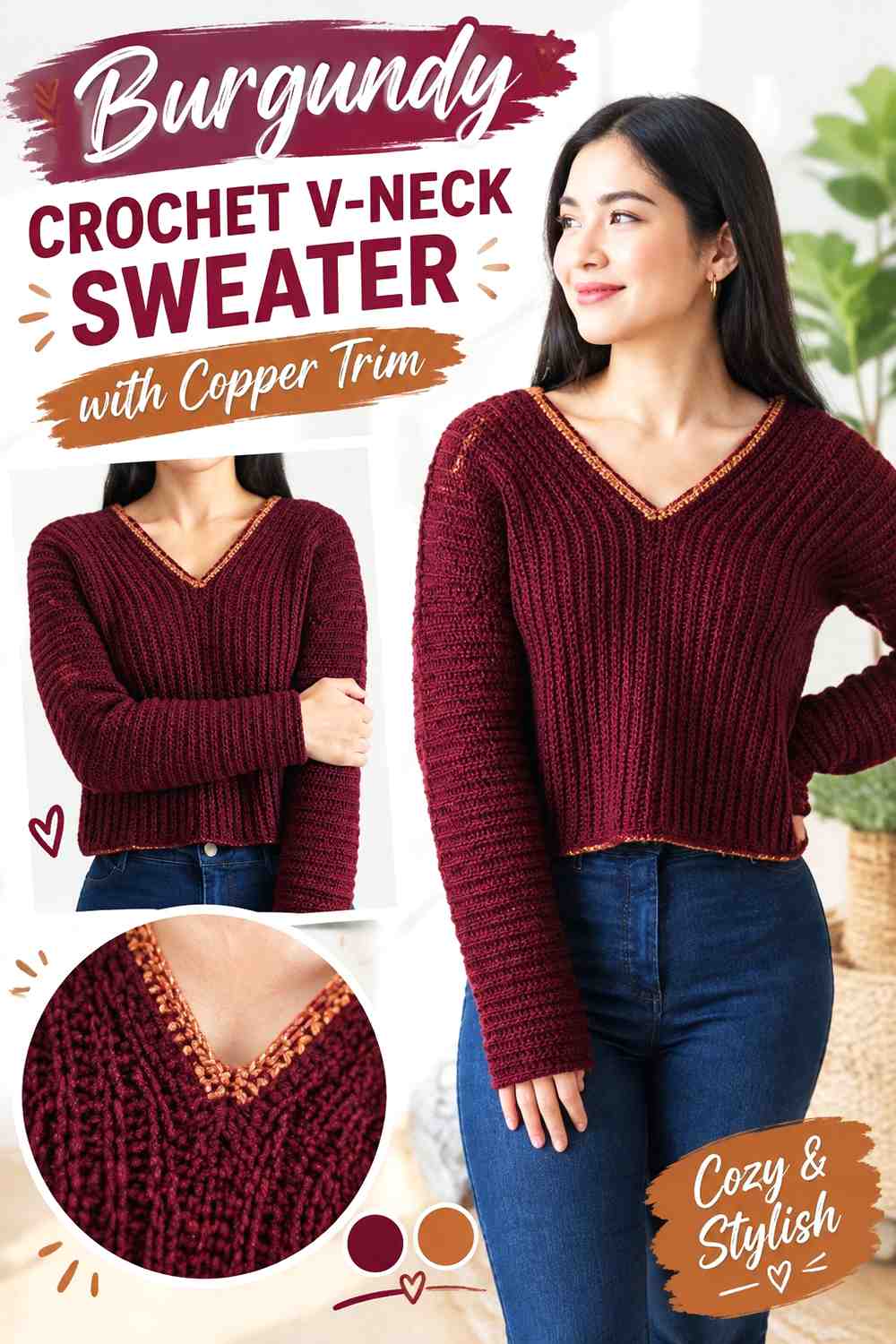 5. Burgundy Crochet V Neck Sweater With Copper Trim