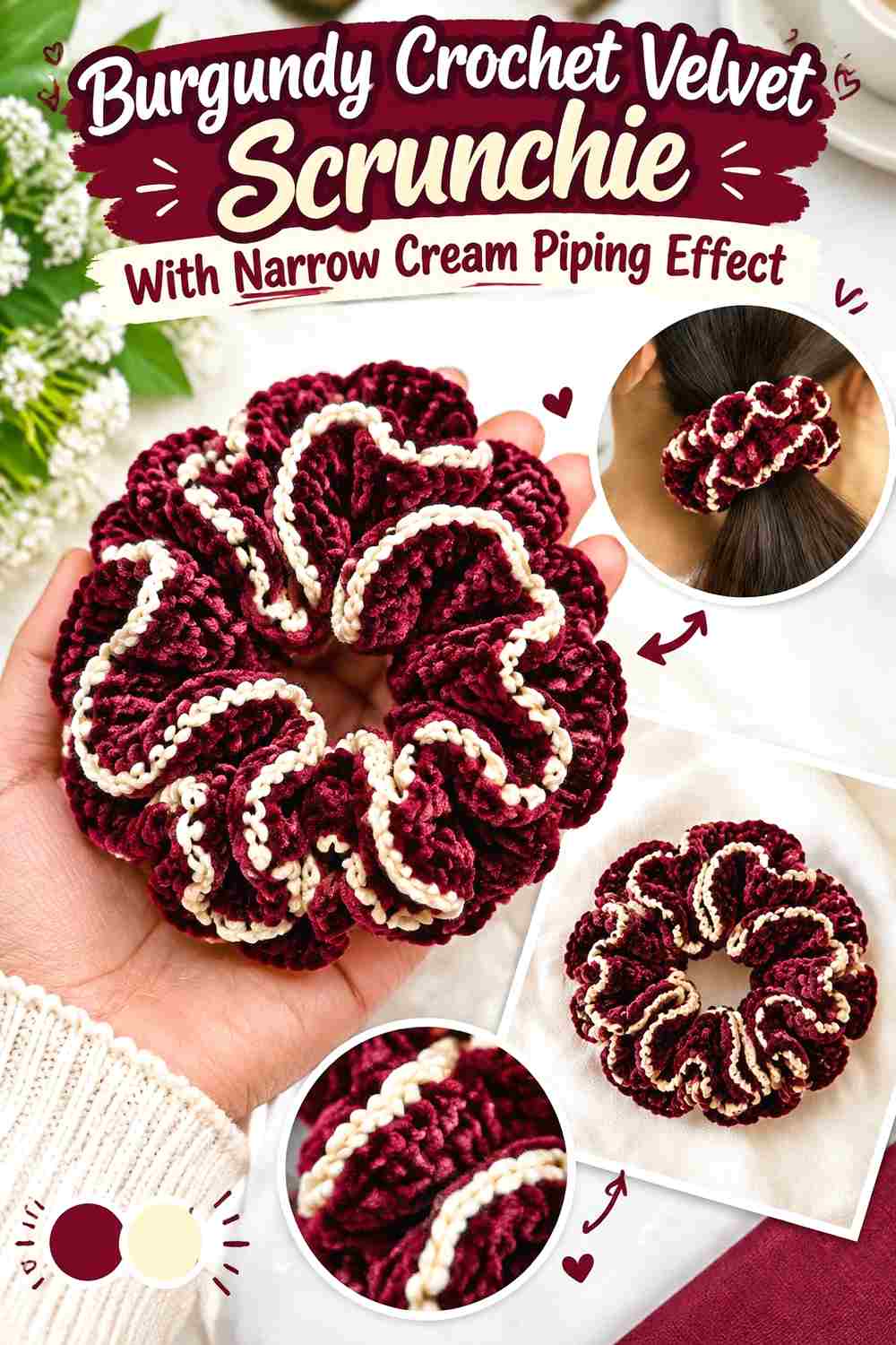 8. Burgundy Crochet Velvet Scrunchie With Narrow Cream Piping Effect