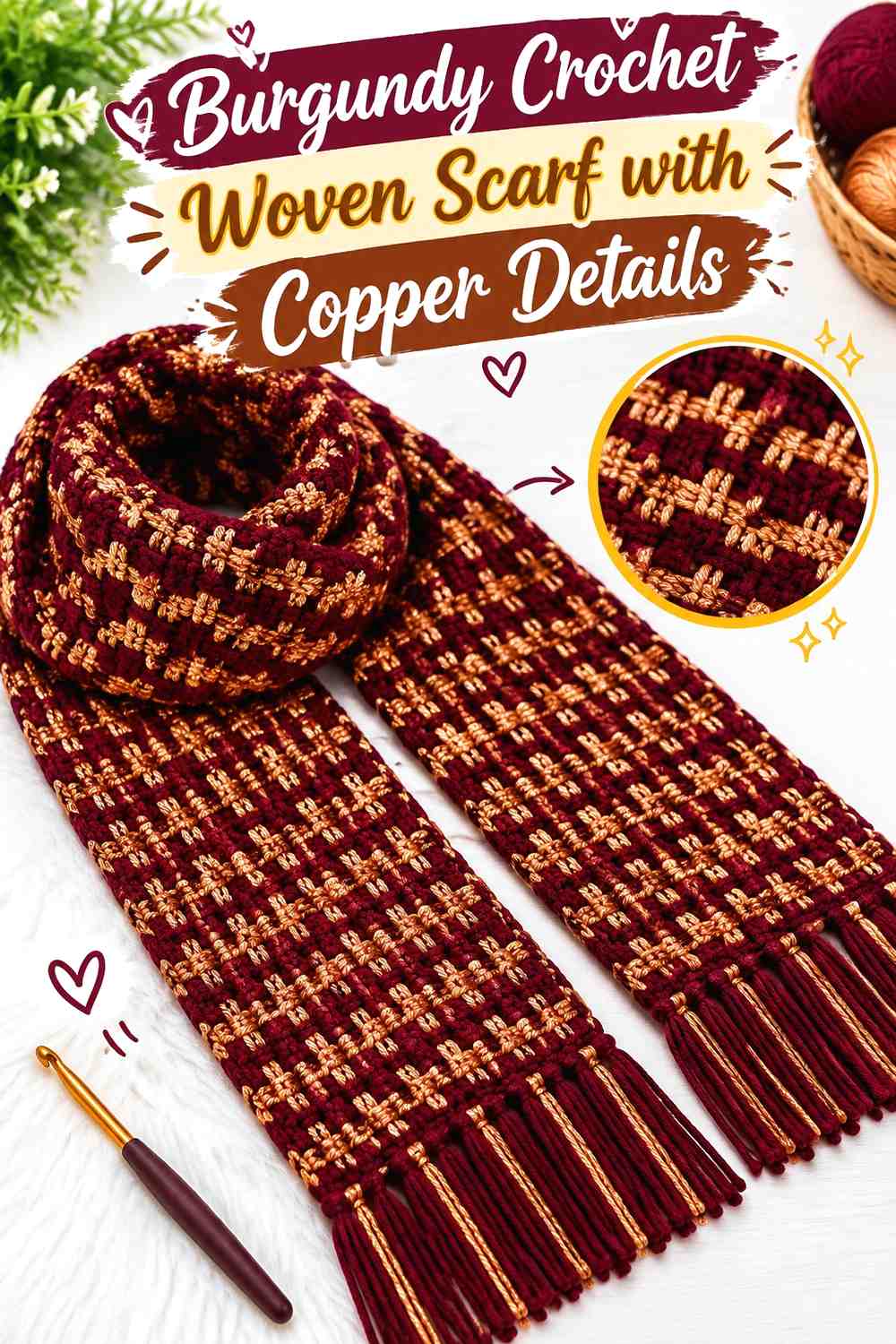 3. Burgundy Crochet Woven Scarf With Copper Details