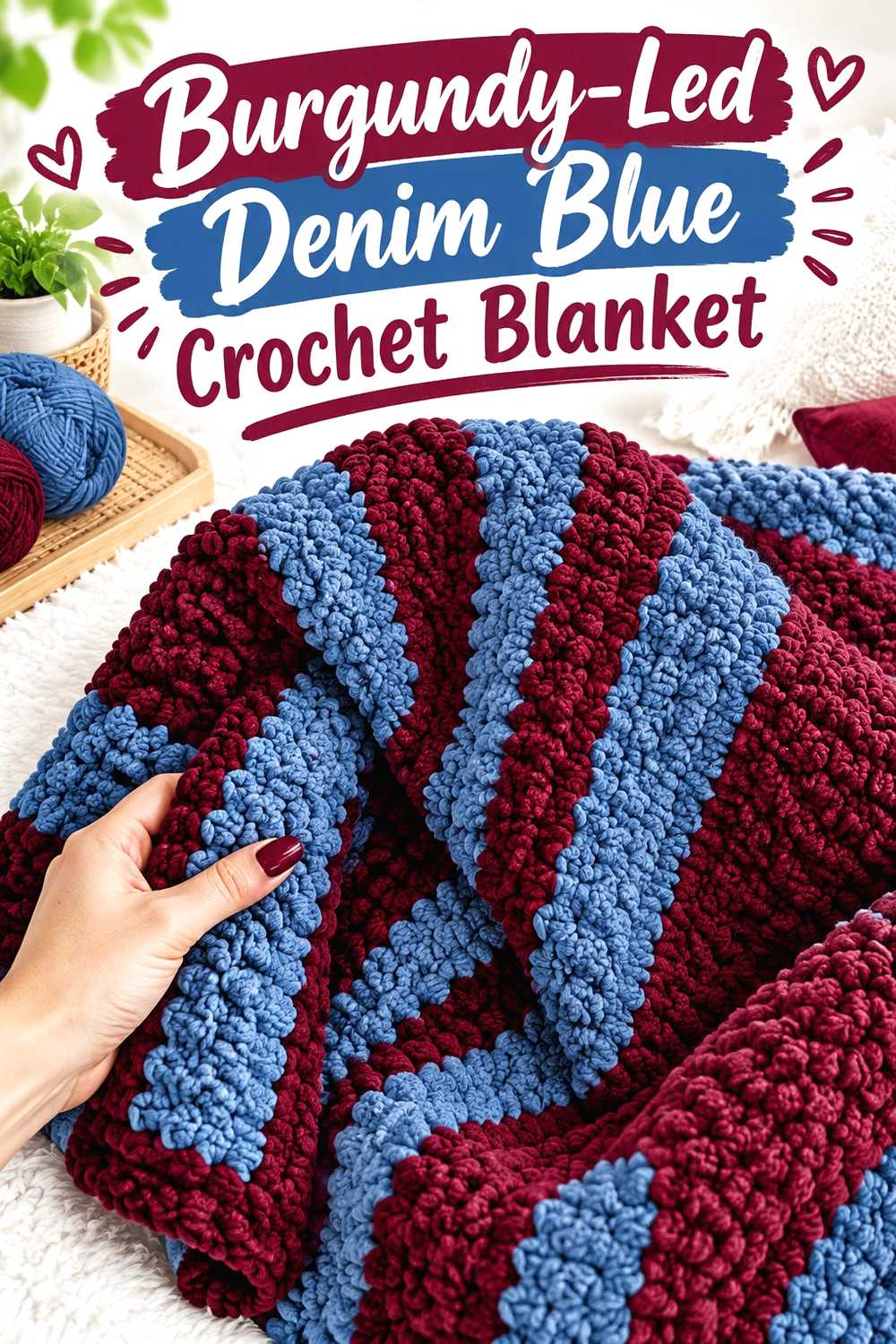 1. Burgundy Led Denim Blue Crochet Blanket