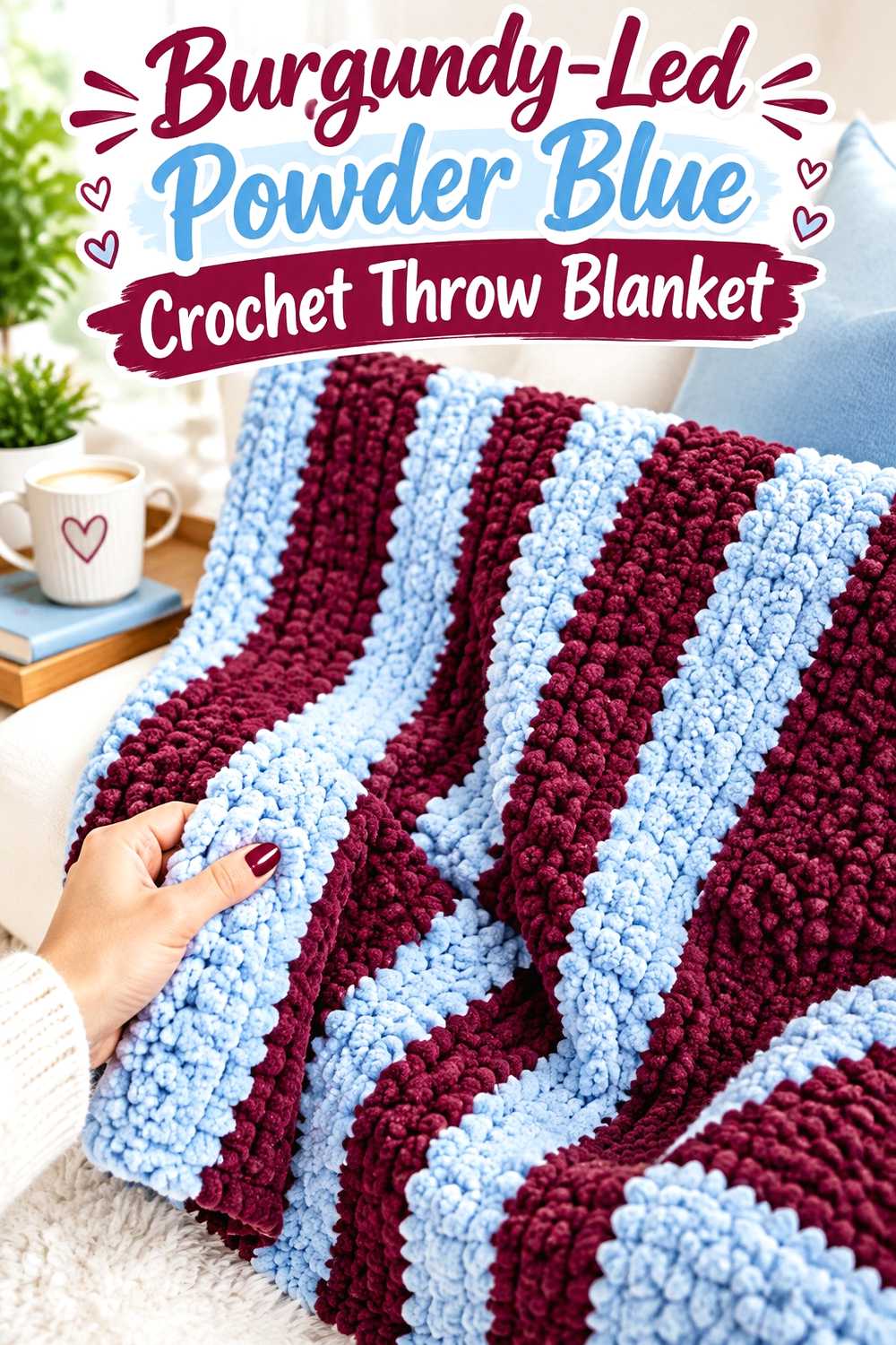 1. Burgundy Led Powder Blue Crochet Throw Blanket