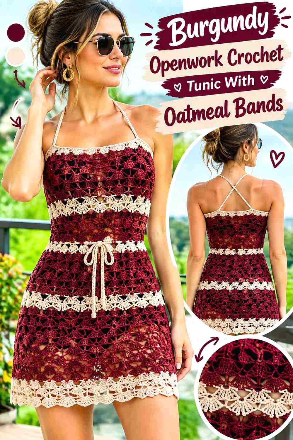 6. Burgundy Openwork Crochet Tunic With Oatmeal Bands