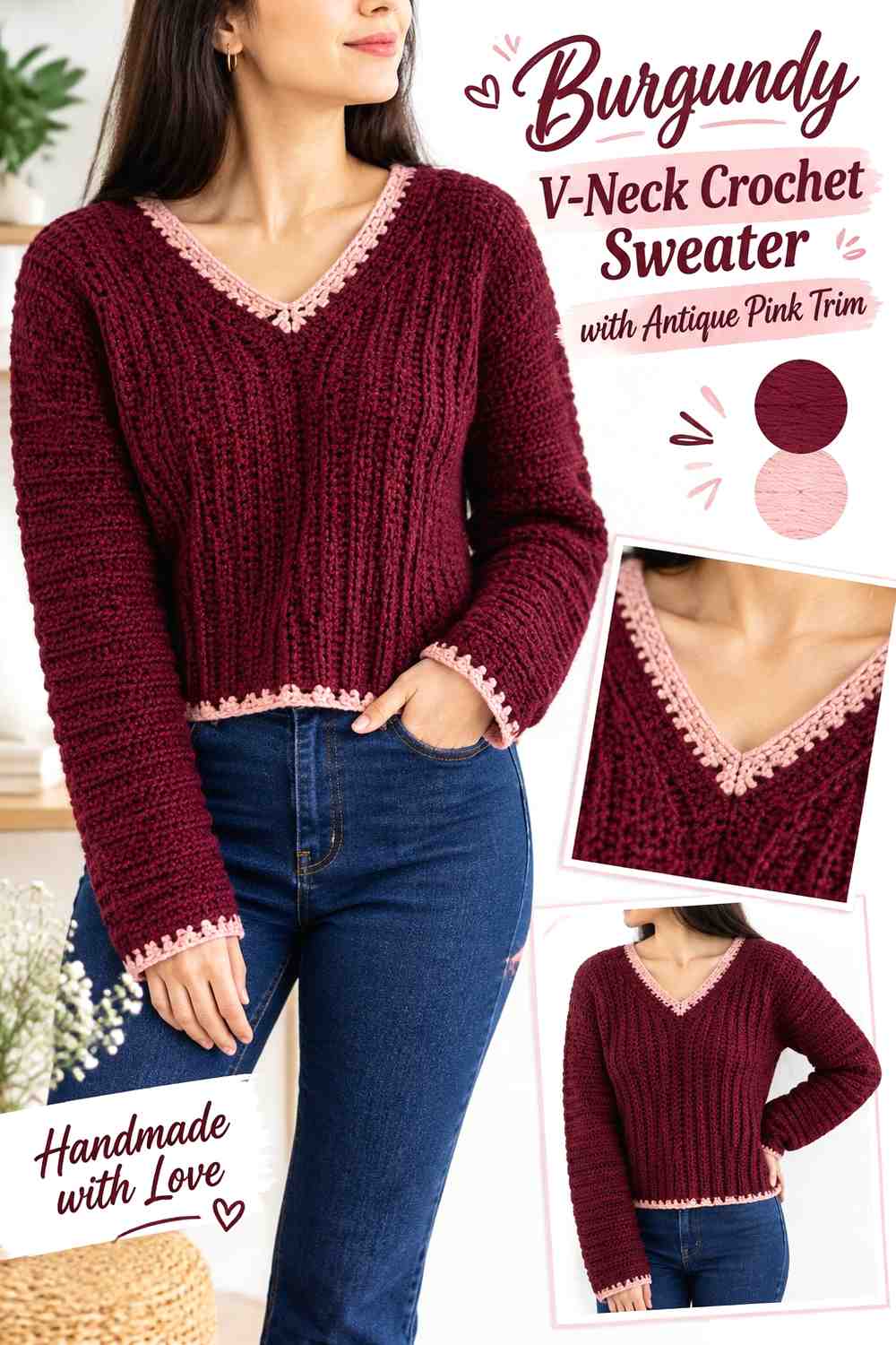 6. Burgundy V Neck Crochet Sweater With Antique Pink Trim