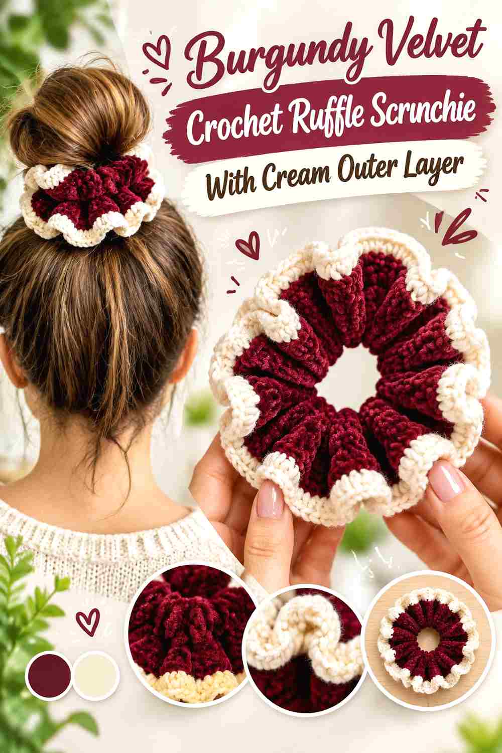 6. Burgundy Velvet Crochet Ruffle Scrunchie With Cream Outer Layer