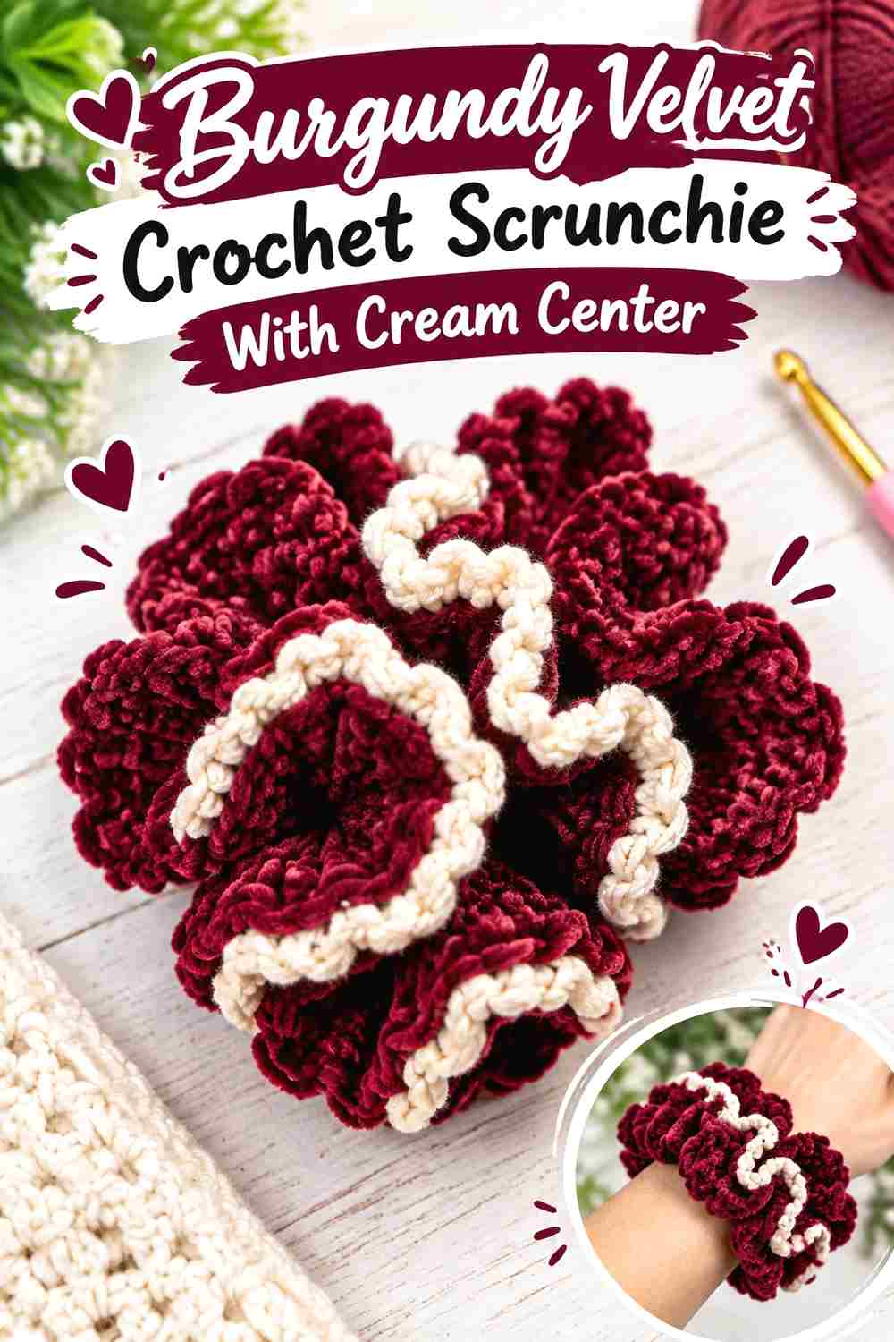 3. Burgundy Velvet Crochet Scrunchie With Cream Center
