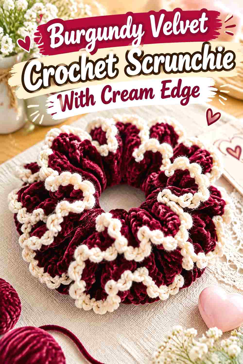 1. Burgundy Velvet Crochet Scrunchie With Cream Edge