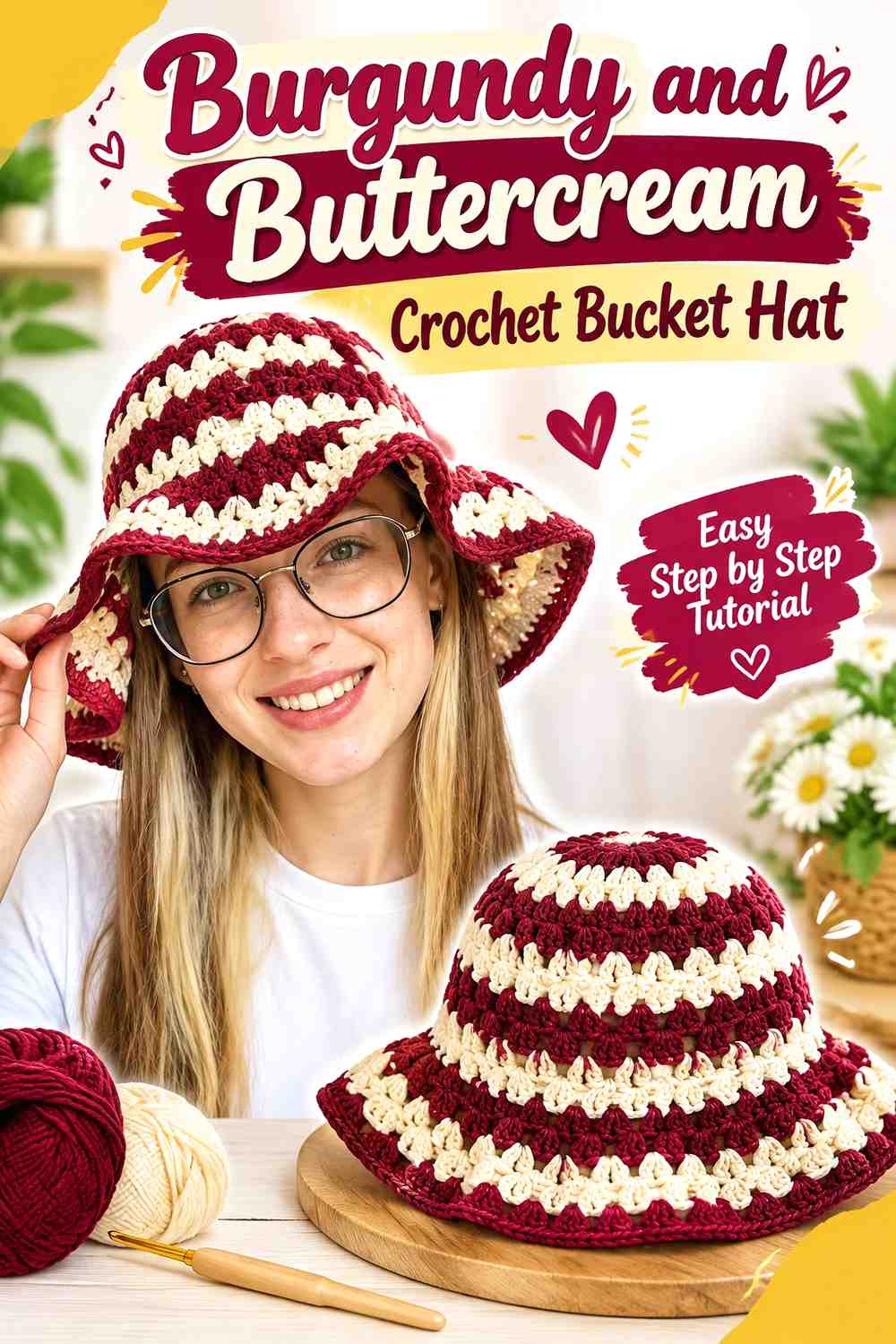 7. Burgundy And Buttercream Crochet Bucket Hat