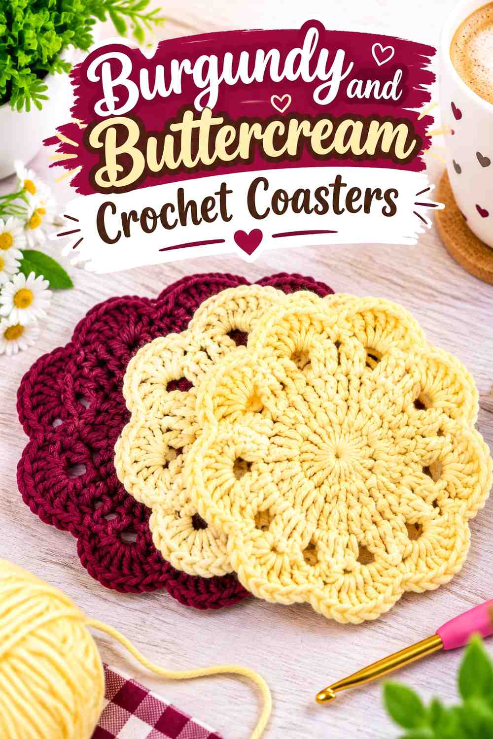 10. Burgundy And Buttercream Crochet Coasters