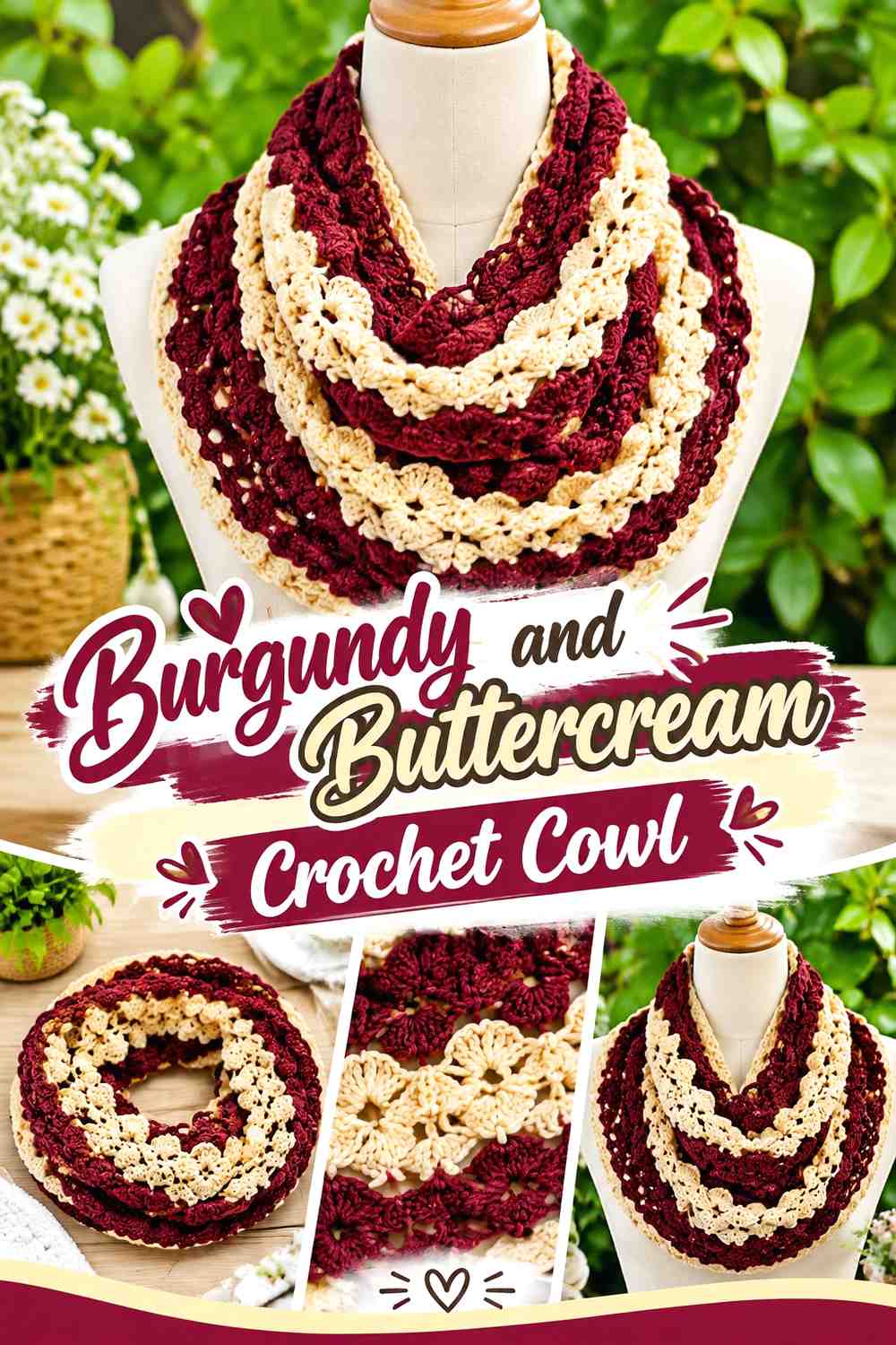 12. Burgundy And Buttercream Crochet Cowl