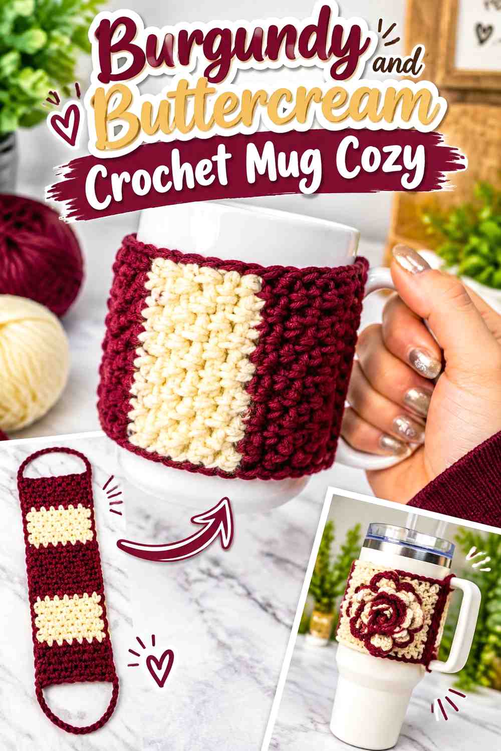 15. Burgundy And Buttercream Crochet Mug Cozy