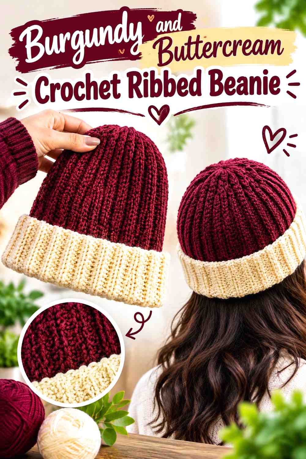 5. Burgundy And Buttercream Crochet Ribbed Beanie