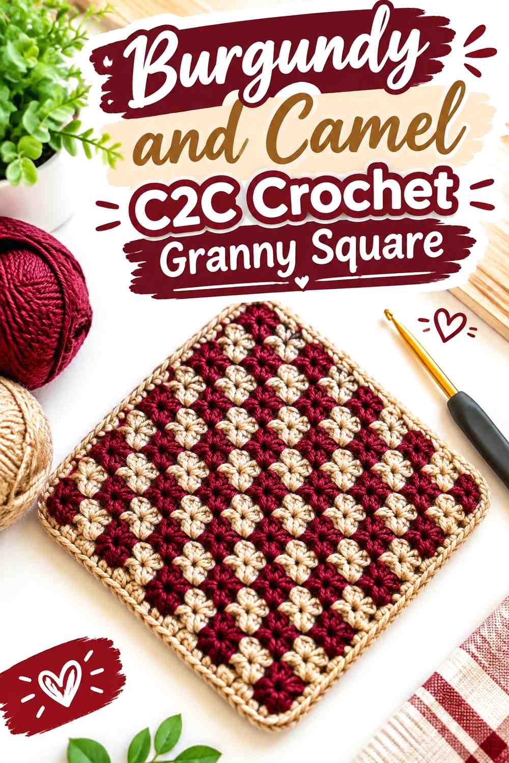 5. Burgundy And Camel C2c Crochet Granny Square