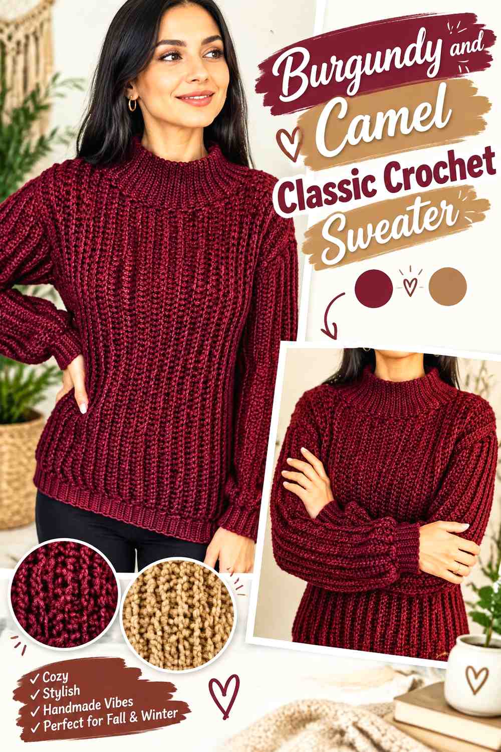 7. Burgundy And Camel Classic Crochet Sweater