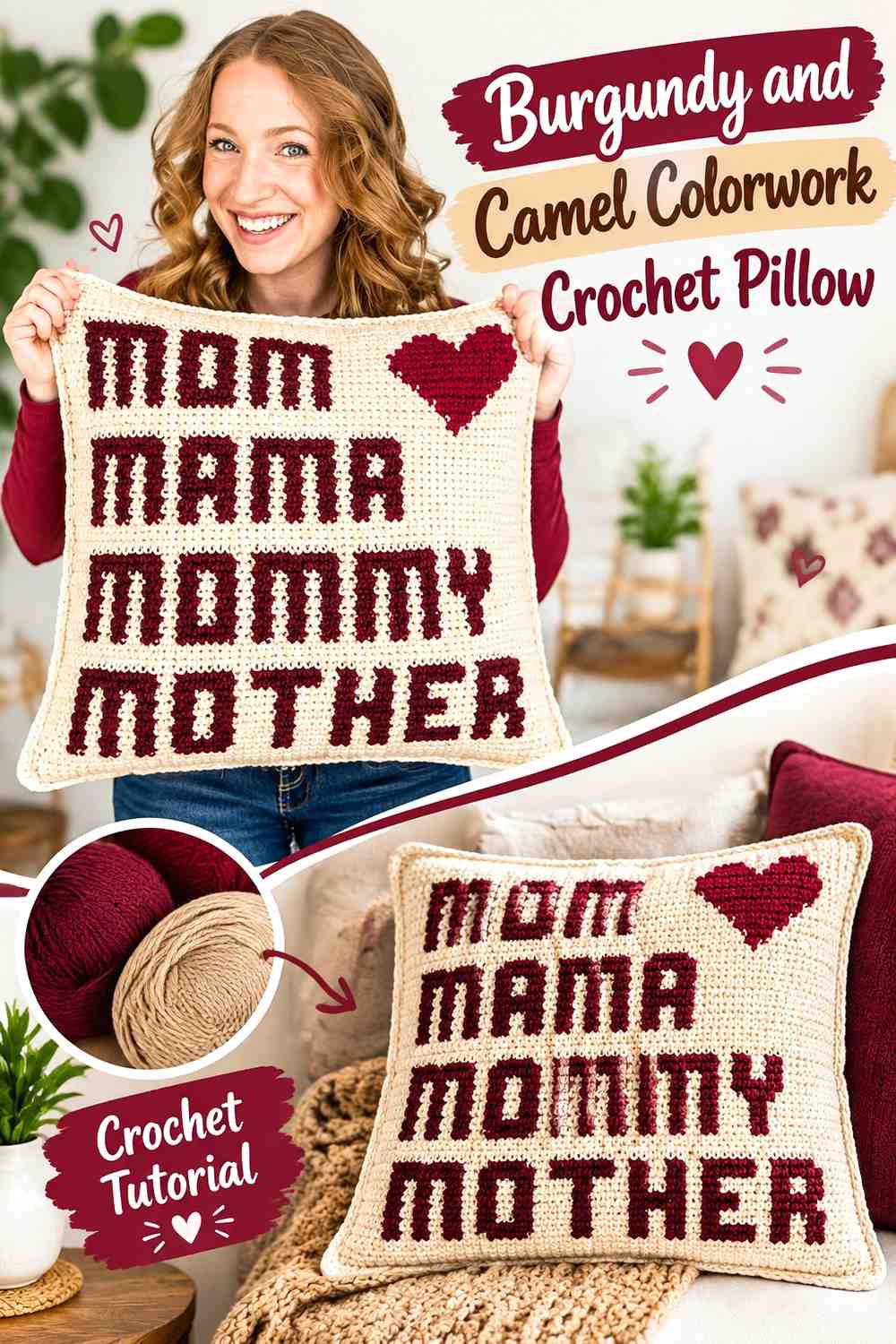 4. Burgundy And Camel Colorwork Crochet Pillow