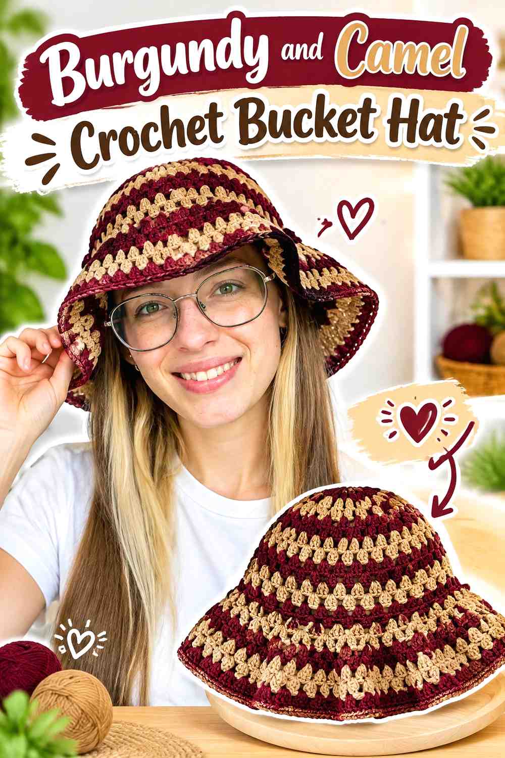 6. Burgundy And Camel Crochet Bucket Hat