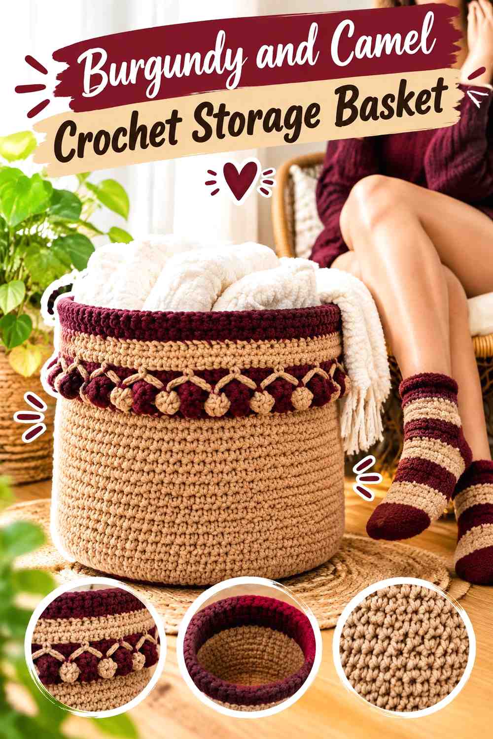 9. Burgundy And Camel Crochet Storage Basket