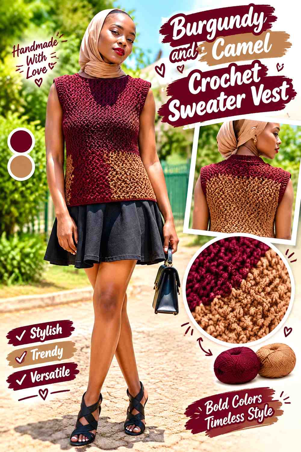 13. Burgundy And Camel Crochet Sweater Vest