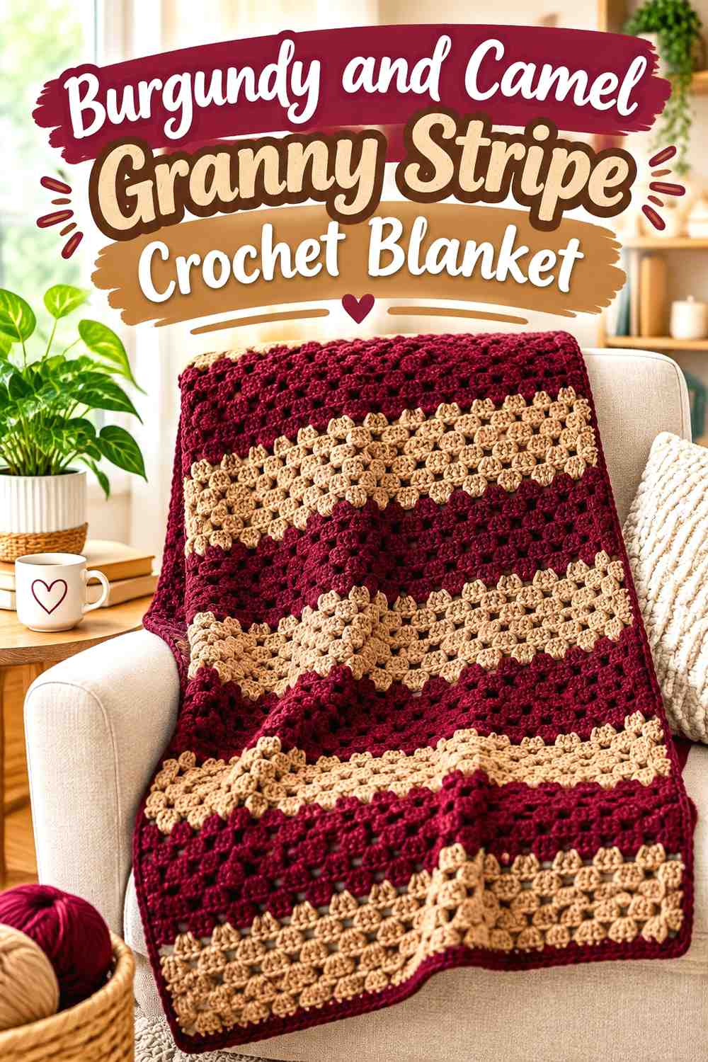 1. Burgundy And Camel Granny Stripe Crochet Blanket