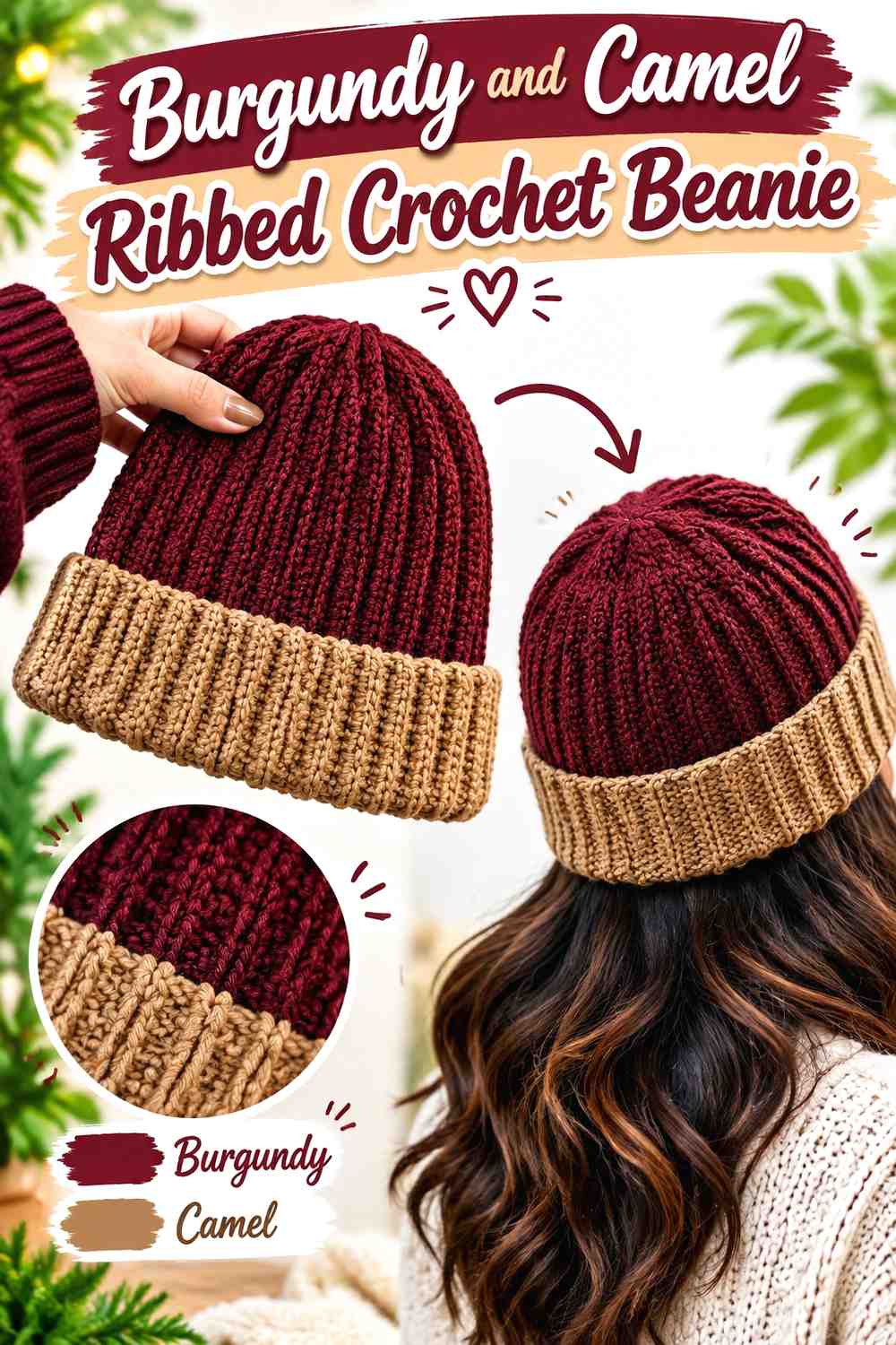 2. Burgundy And Camel Ribbed Crochet Beanie