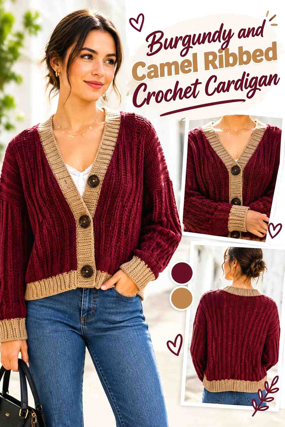 11. Burgundy And Camel Ribbed Crochet Cardigan