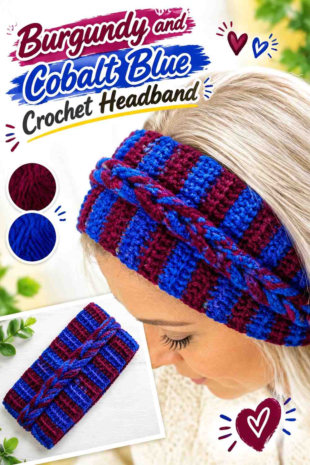 9. Burgundy And Cobalt Blue Crochet Headband