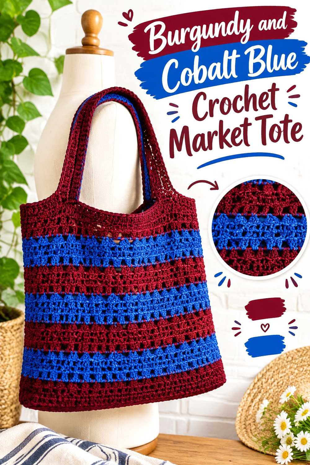 4. Burgundy And Cobalt Blue Crochet Market Tote