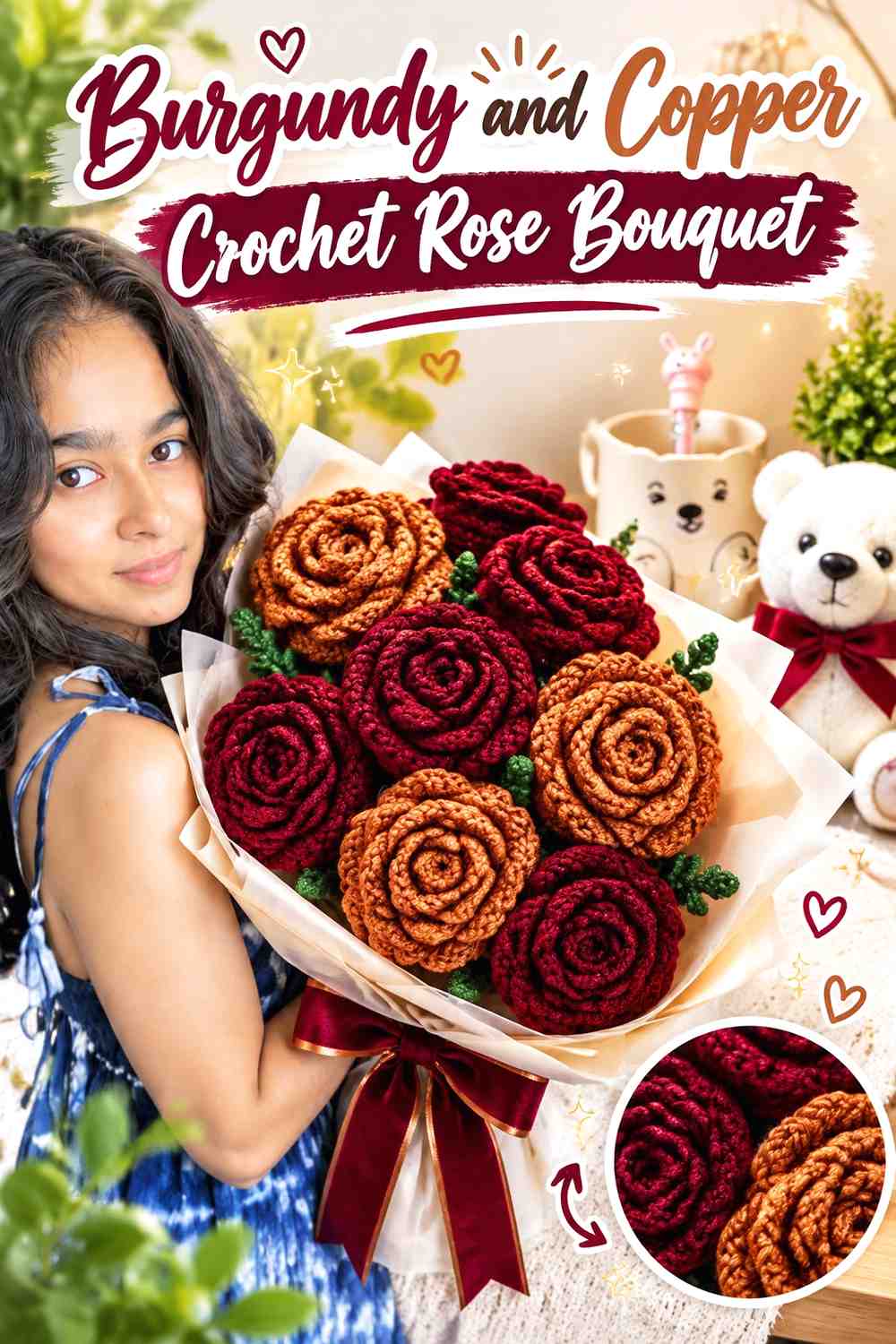 10. Burgundy And Copper Crochet Rose Bouquet
