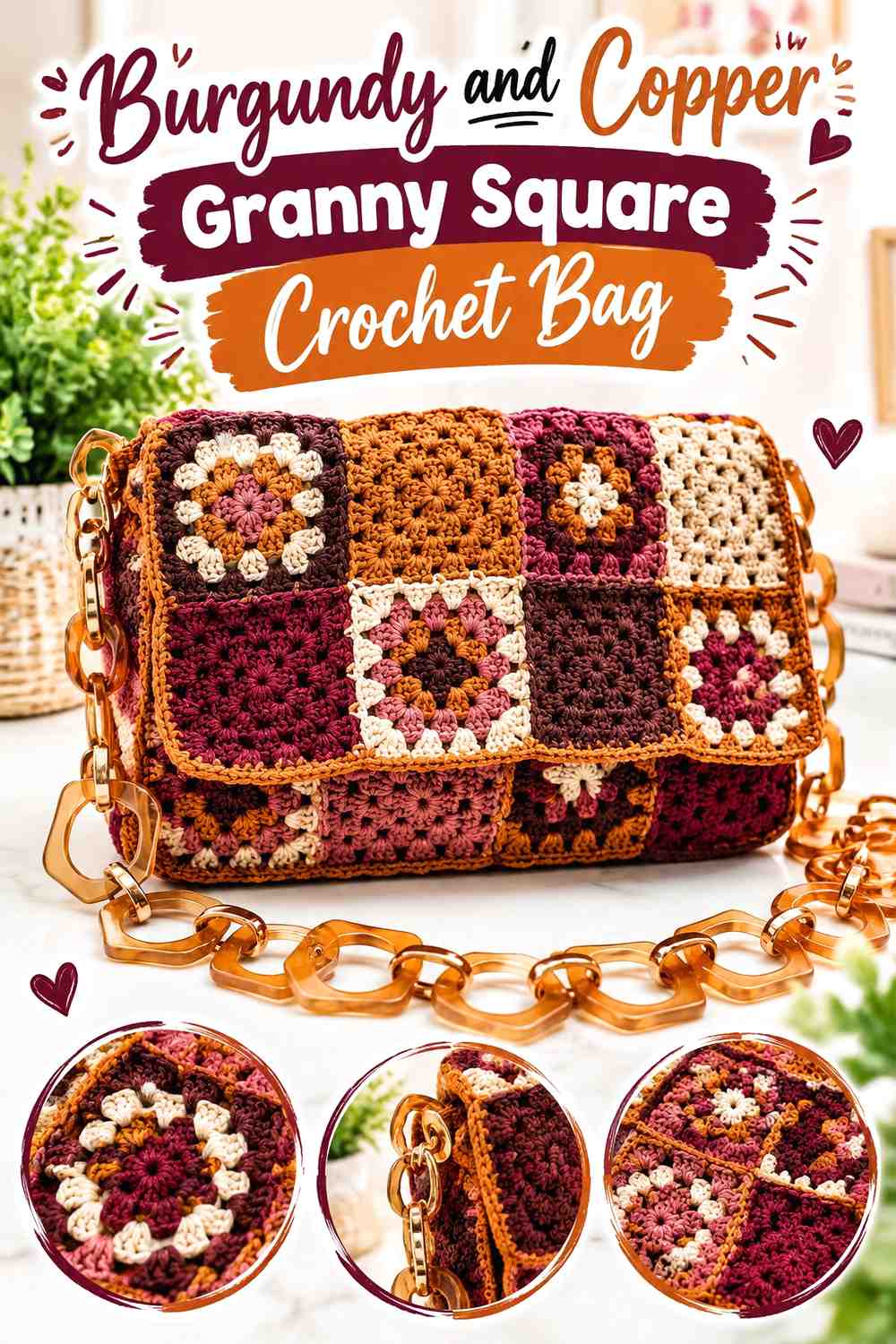 16. Burgundy And Copper Granny Square Crochet Bag
